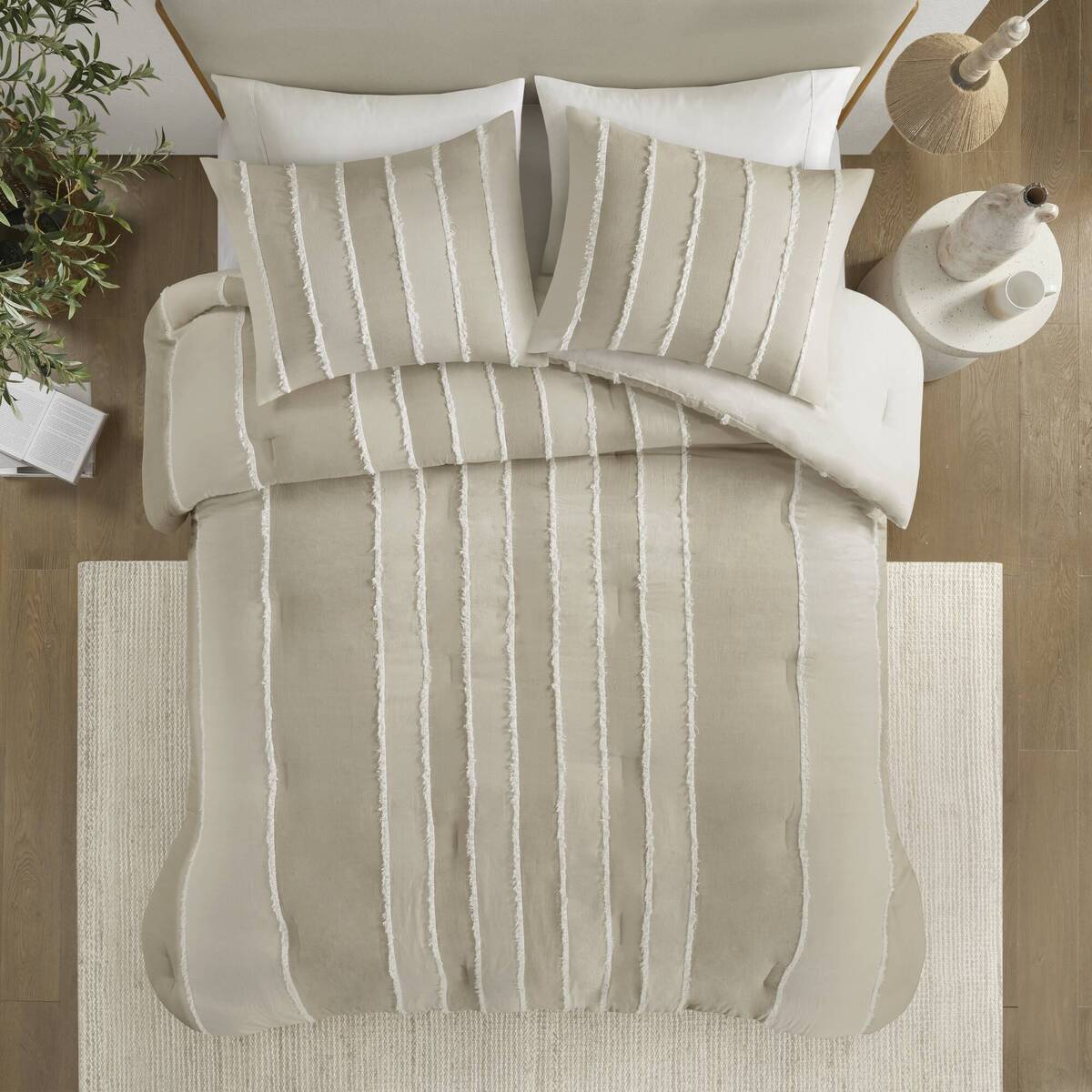 3 Piece Striped Cotton Comforter Set Taupe Full/Queen