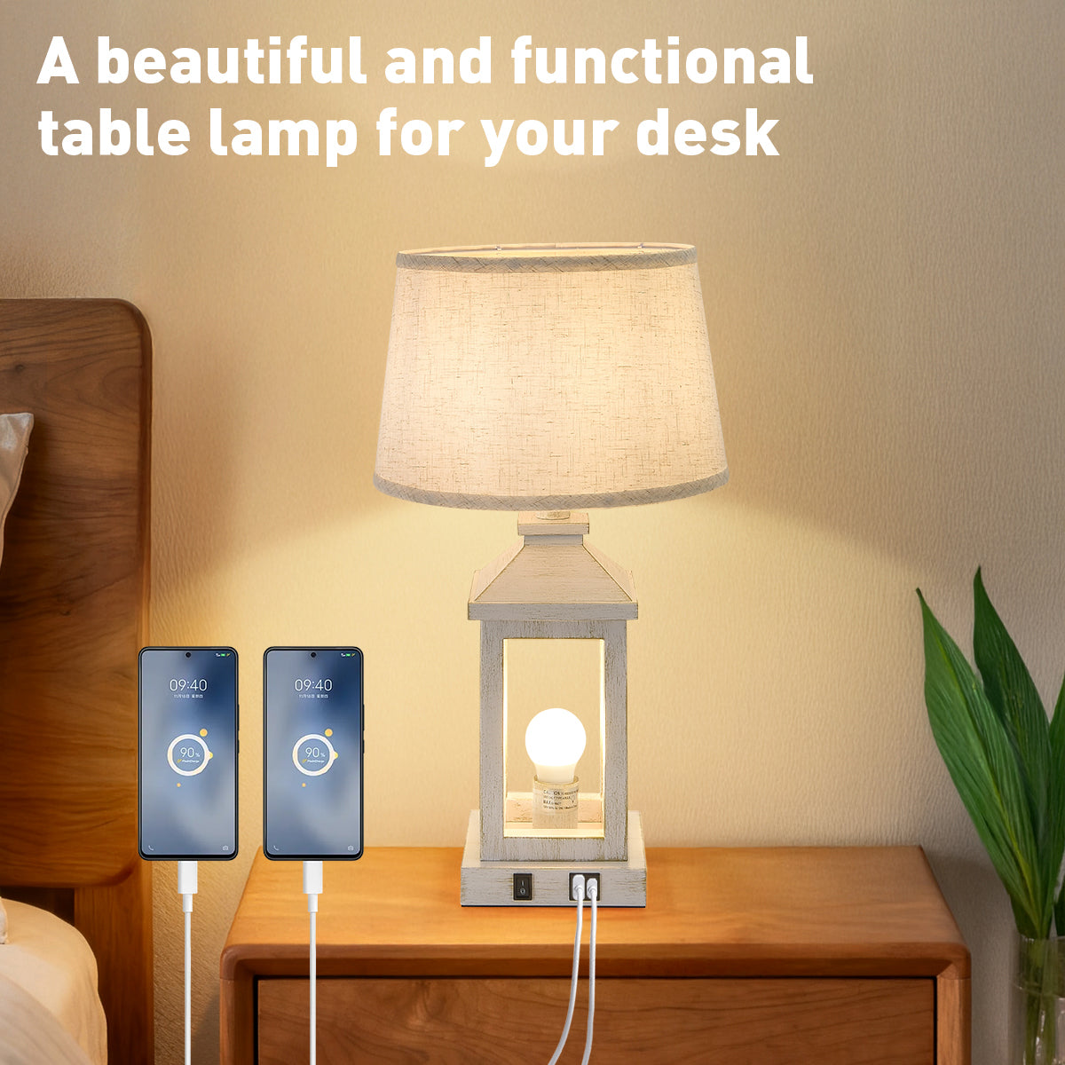 20.5" Set of 2 Vintage Table Lamps for Living Room,Farmhouse Industrial Nightstand Lamp with USB C+A & Outlet,White Bedside Lamps for End Table with Nightlight(Including Light Bulbs)