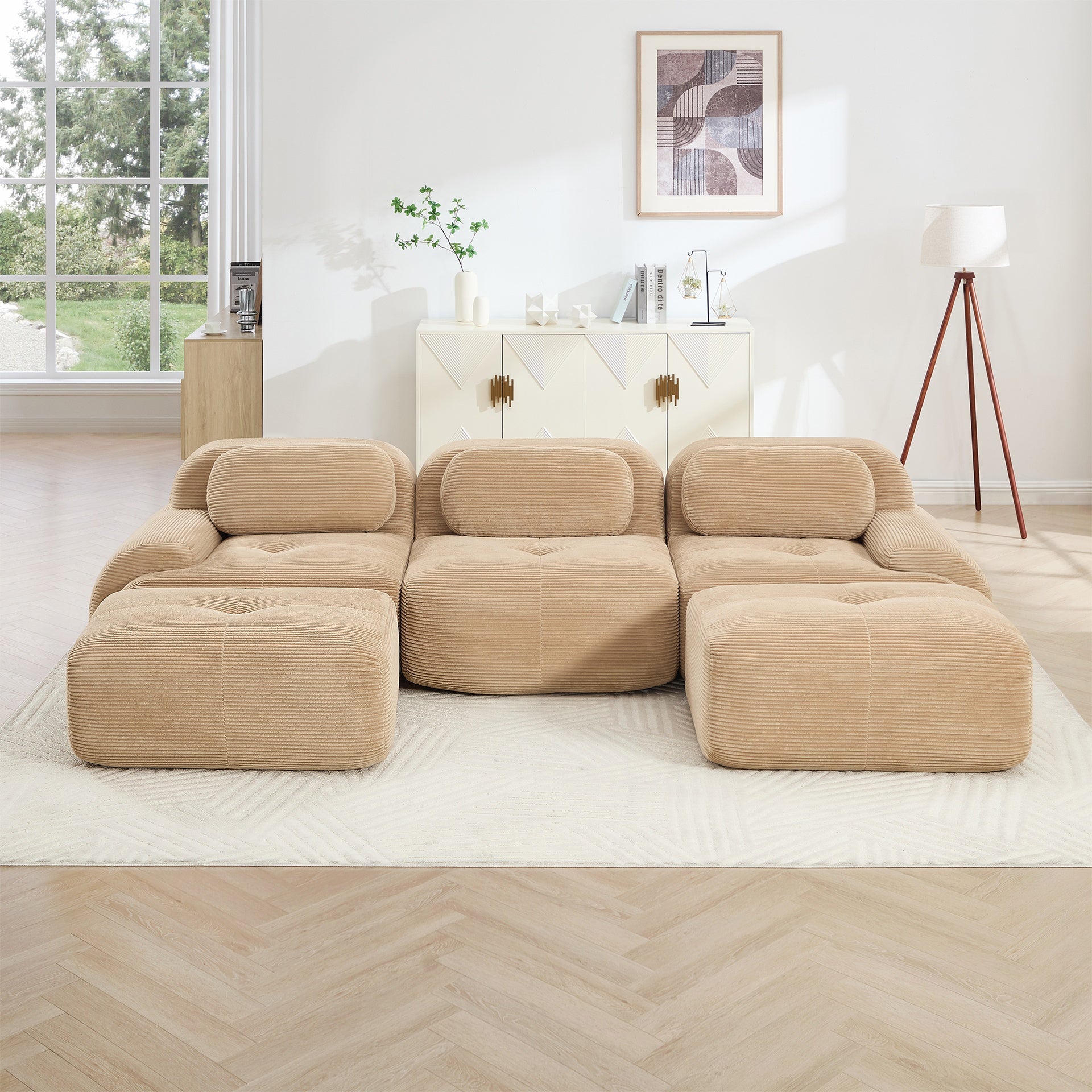 U-shaped modular sofa premiumCorduroy Fabric fabric no assembly anti-slip design pet-friendly extra-wide curved armrests 32D high-resilience sponge for living rooms bedrooms studie,Camel