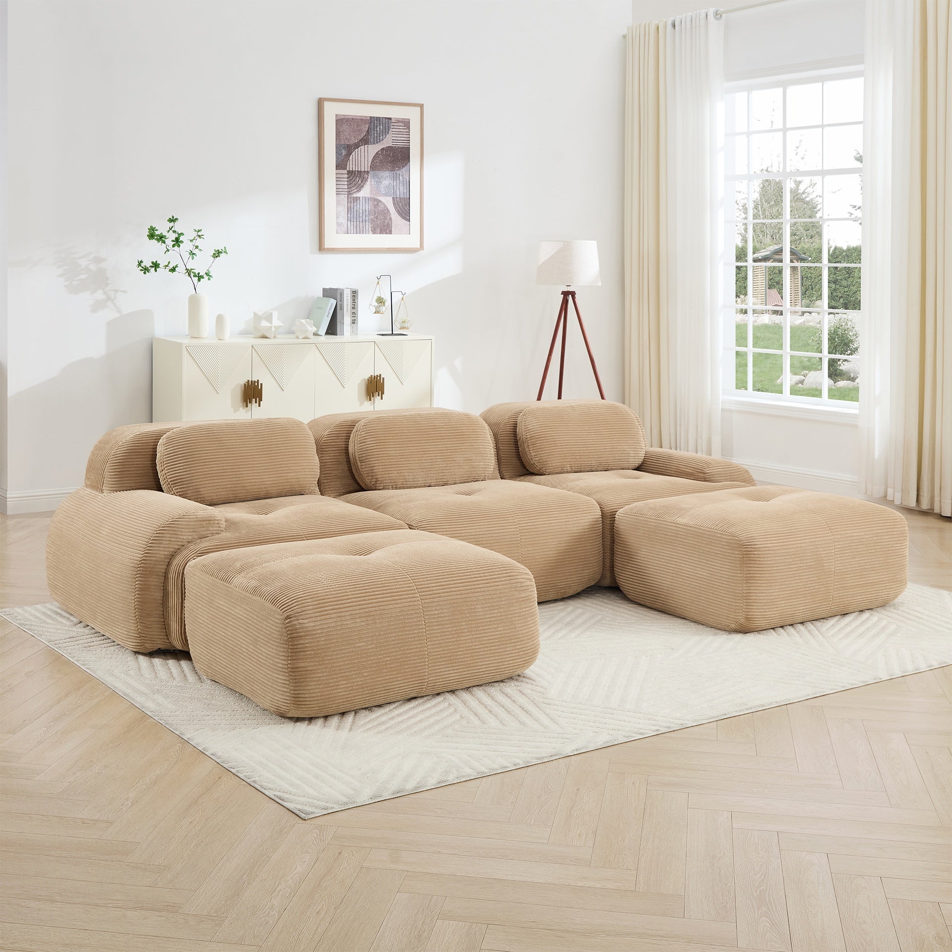 U-shaped modular sofa premiumCorduroy Fabric fabric no assembly anti-slip design pet-friendly extra-wide curved armrests 32D high-resilience sponge for living rooms bedrooms studie,Camel