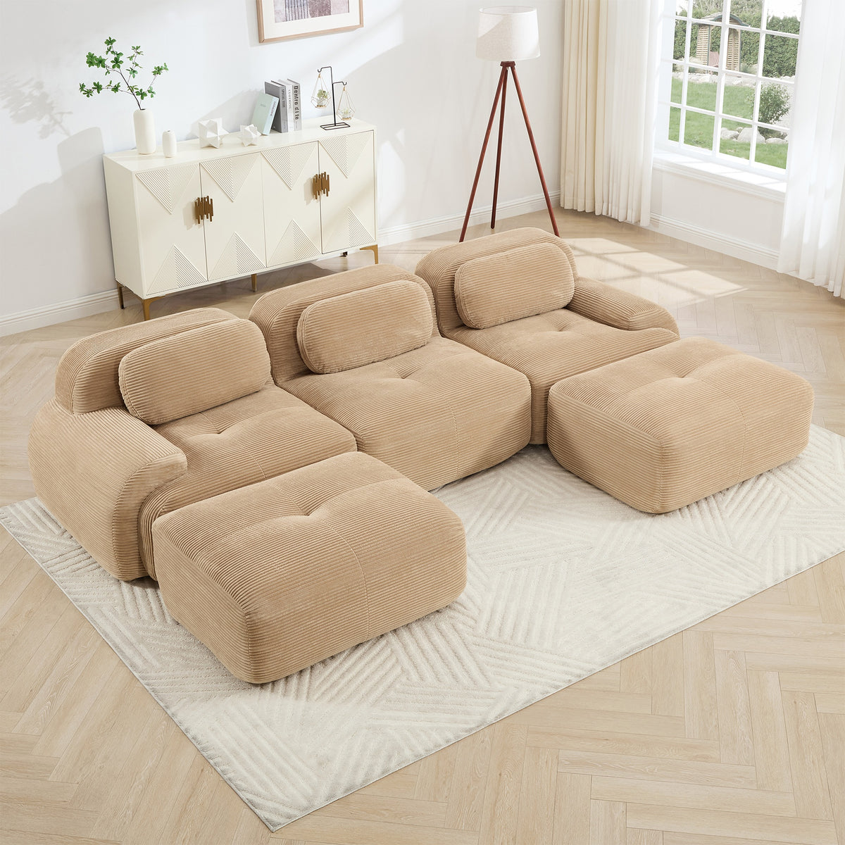 U-shaped modular sofa premiumCorduroy Fabric fabric no assembly anti-slip design pet-friendly extra-wide curved armrests 32D high-resilience sponge for living rooms bedrooms studie,Camel
