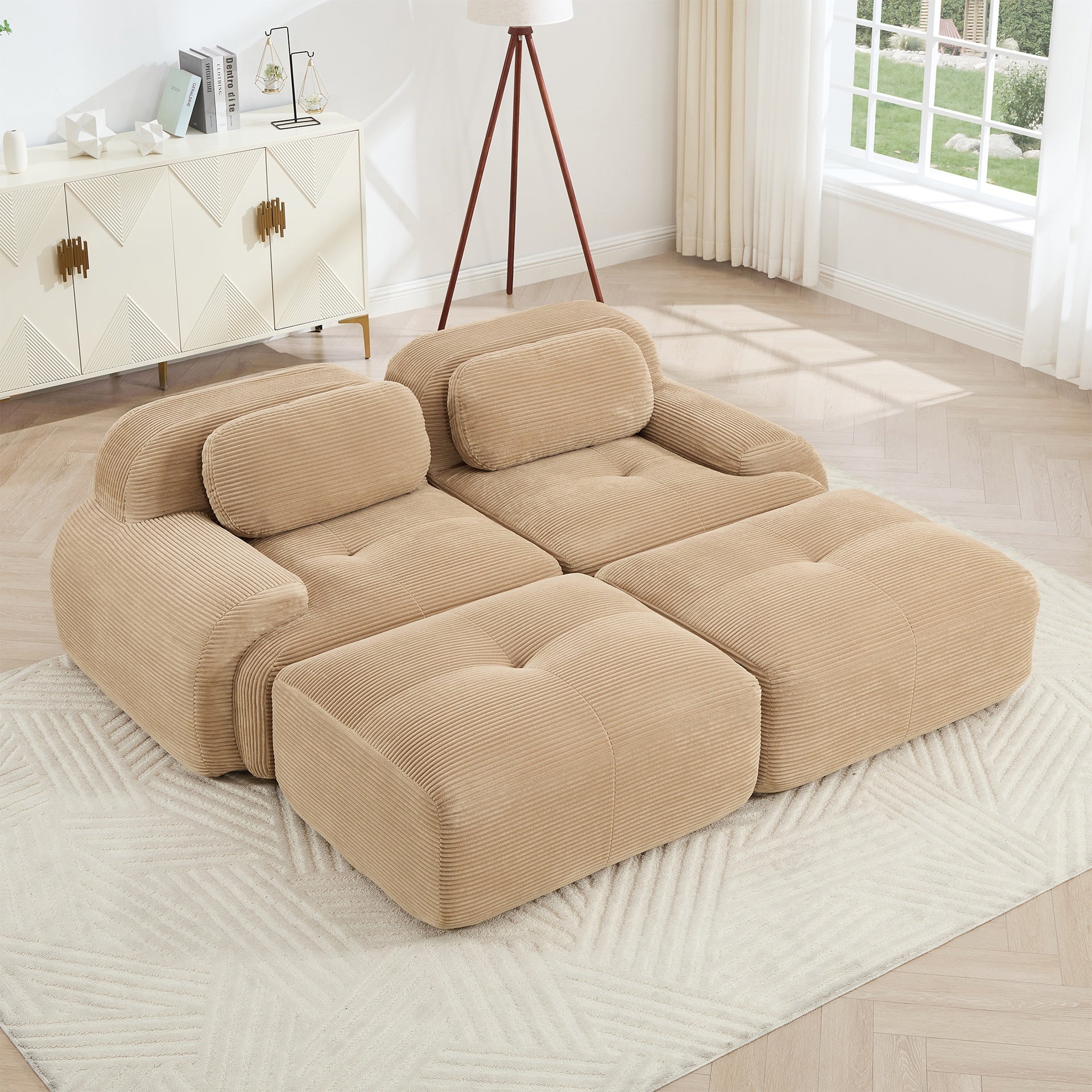 2-seat sofa in luxuryCorduroy Fabric fabric modular multi-combination anti-slip design assembly chaise lounge curved armrests ergonomic support high-resilience sponge for living rooms bedrooms,Camel