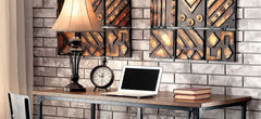 Industrial Inspired Desk With An Antique Black Metal Construction Replicated Wood Top And Caster Wheel Accents
