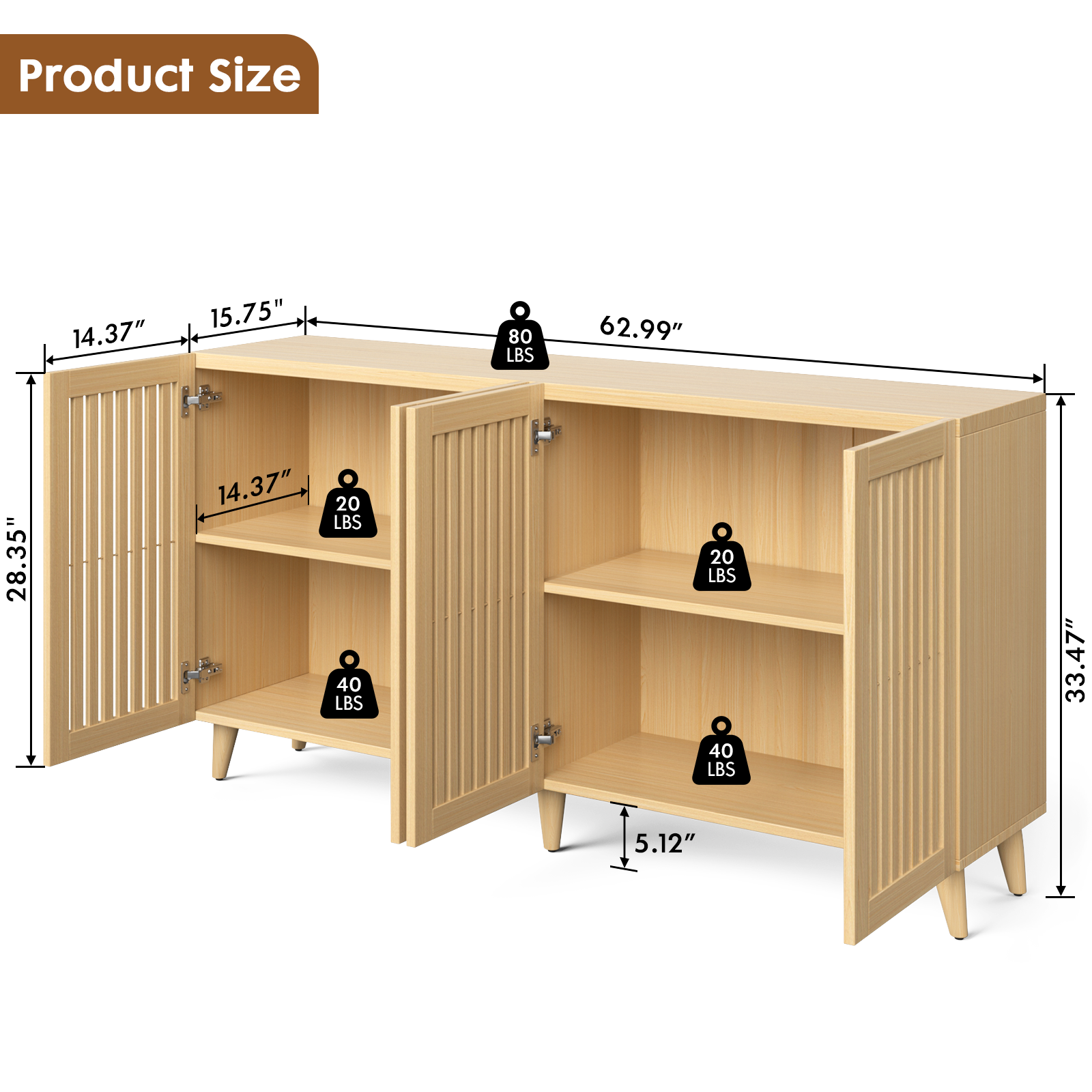 4 Doors Buffet Storage Cabinet, Console Sideboard for Kitchen Dining Room Entryway, Oak