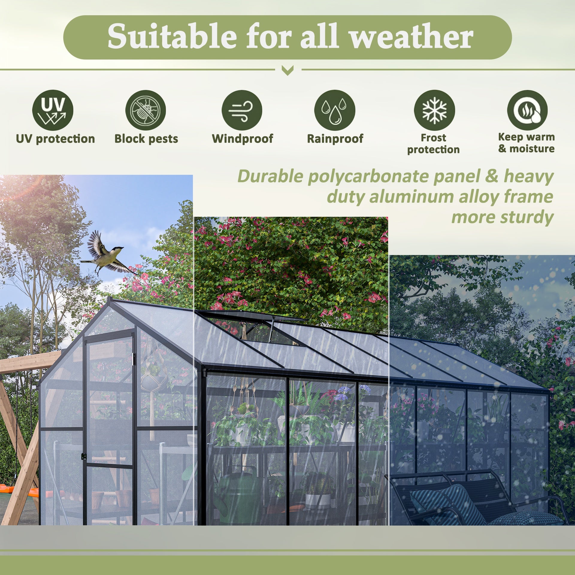 6' x 12' Thicked Polycarbonate Greenhouse, Greenhouse with Double Flush Door, Rain Gutter and Ventilation Window, Green House for Sunroom, Garden, Backyard, Walk-in Large Winter Greenhouse