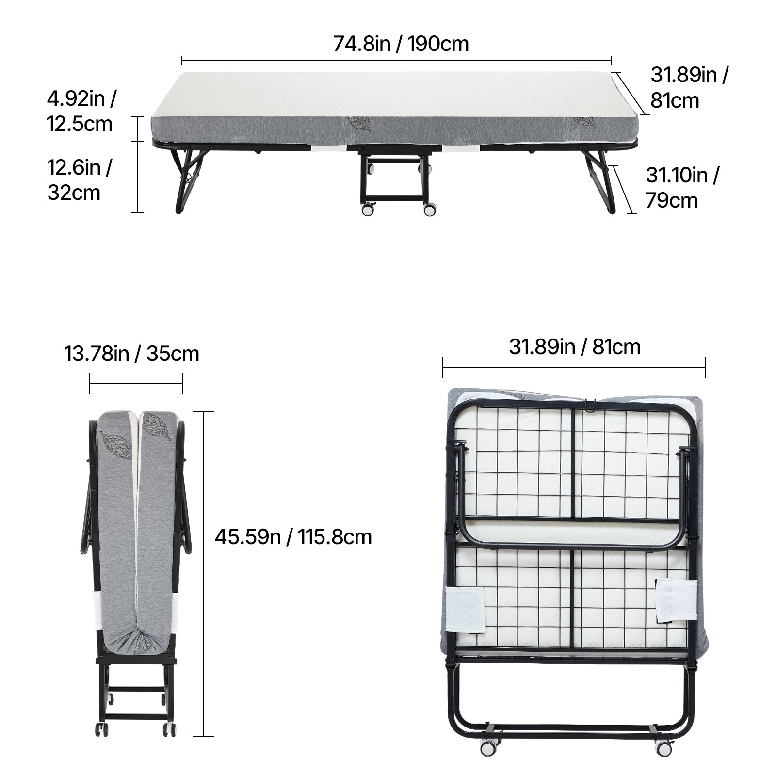 31 in x 75 in Folding Bed with 5 in Mattress, Twin Size, Grey, for Adults, Guest