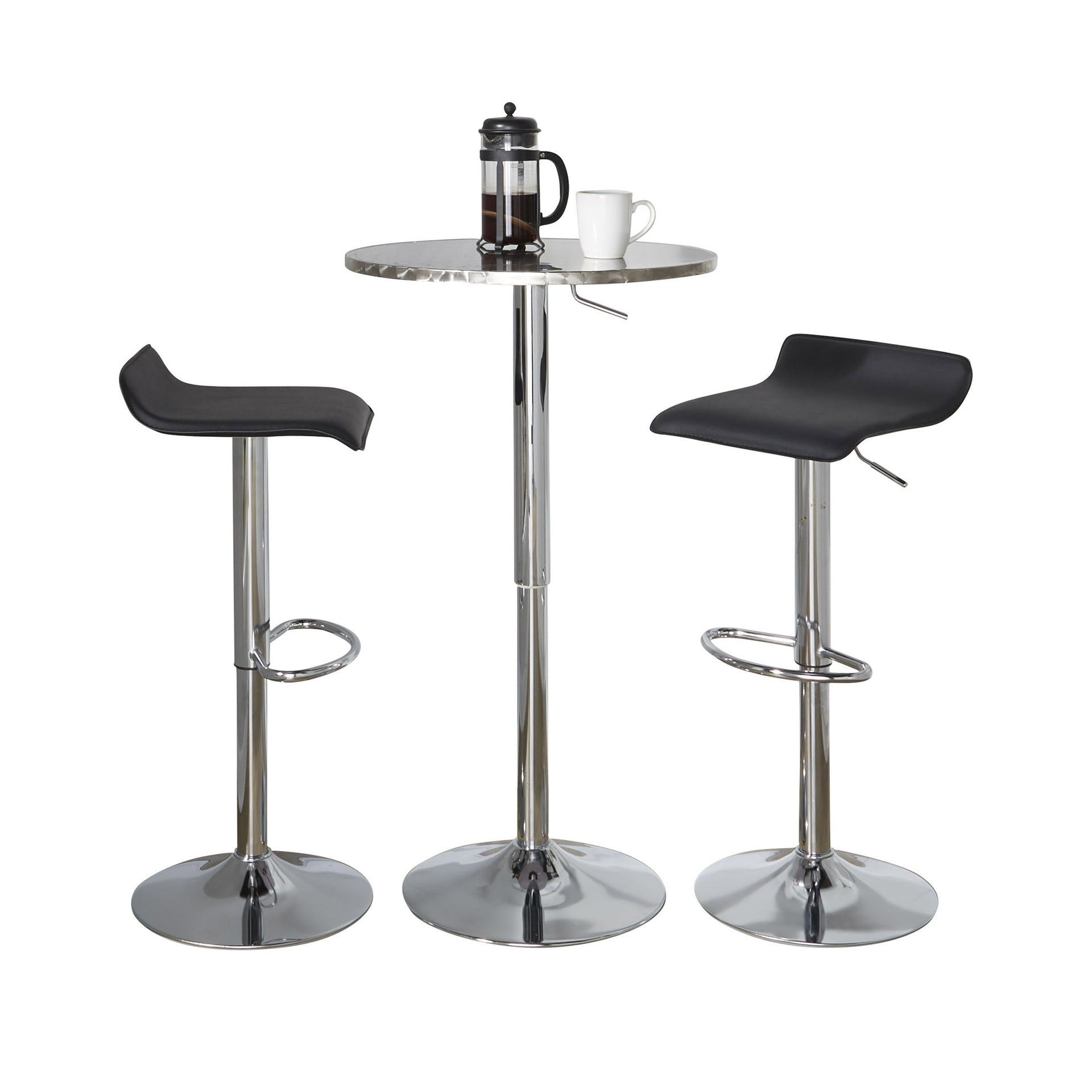 Bistro Round-Ale Contemporary Adjustable Bar Set in Silver and Chrome Metal with Black PVC and Oval Footrest by LumiSource - 3 Piece