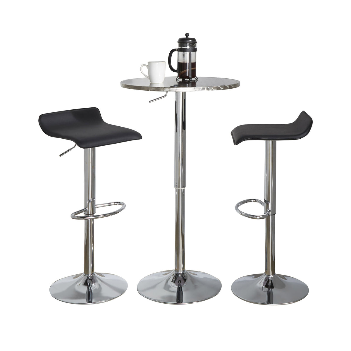 Bistro Round-Ale Contemporary Adjustable Bar Set in Silver and Chrome Metal with Black PVC and Oval Footrest by LumiSource - 3 Piece