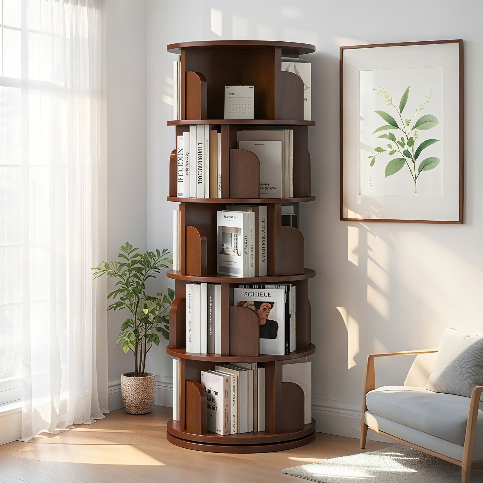 5 Tier Rotating Bookshelf, 360° Display Round Spinning Bookshelf, Space-Saving, Small Space Rotating Bookshelf Tower for Bedroom, Living Room, Home, Office, Walnut