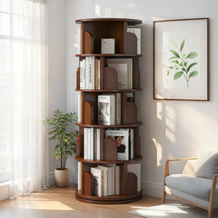 5 Tier Rotating Bookshelf, 360° Display Round Spinning Bookshelf, Space-Saving, Small Space Rotating Bookshelf Tower for Bedroom, Living Room, Home, Office, Walnut