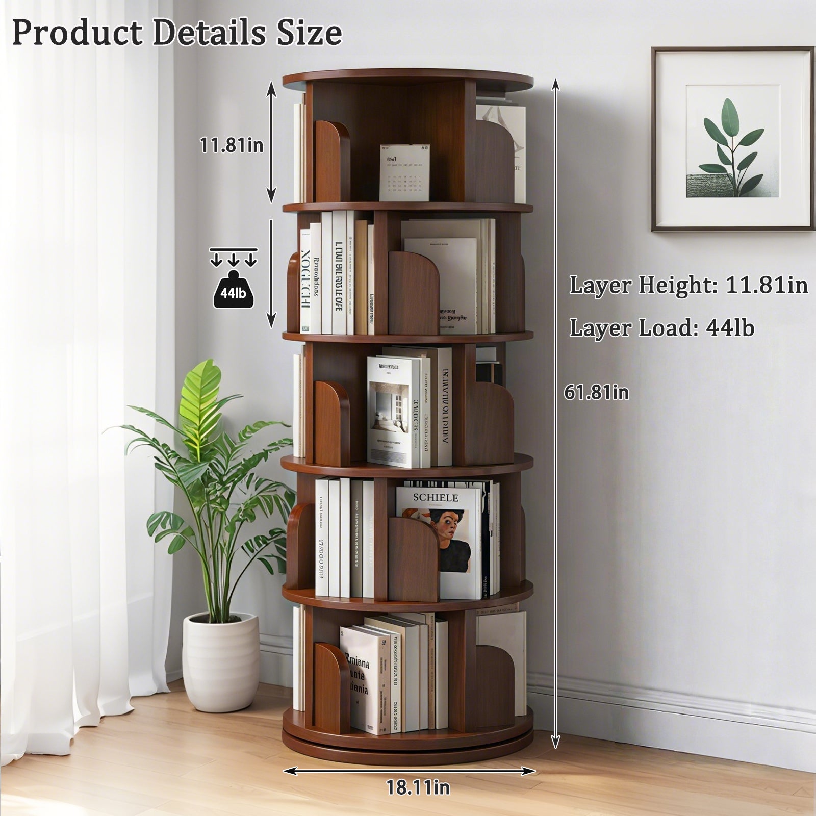 5 Tier Rotating Bookshelf, 360° Display Round Spinning Bookshelf, Space-Saving, Small Space Rotating Bookshelf Tower for Bedroom, Living Room, Home, Office, Walnut