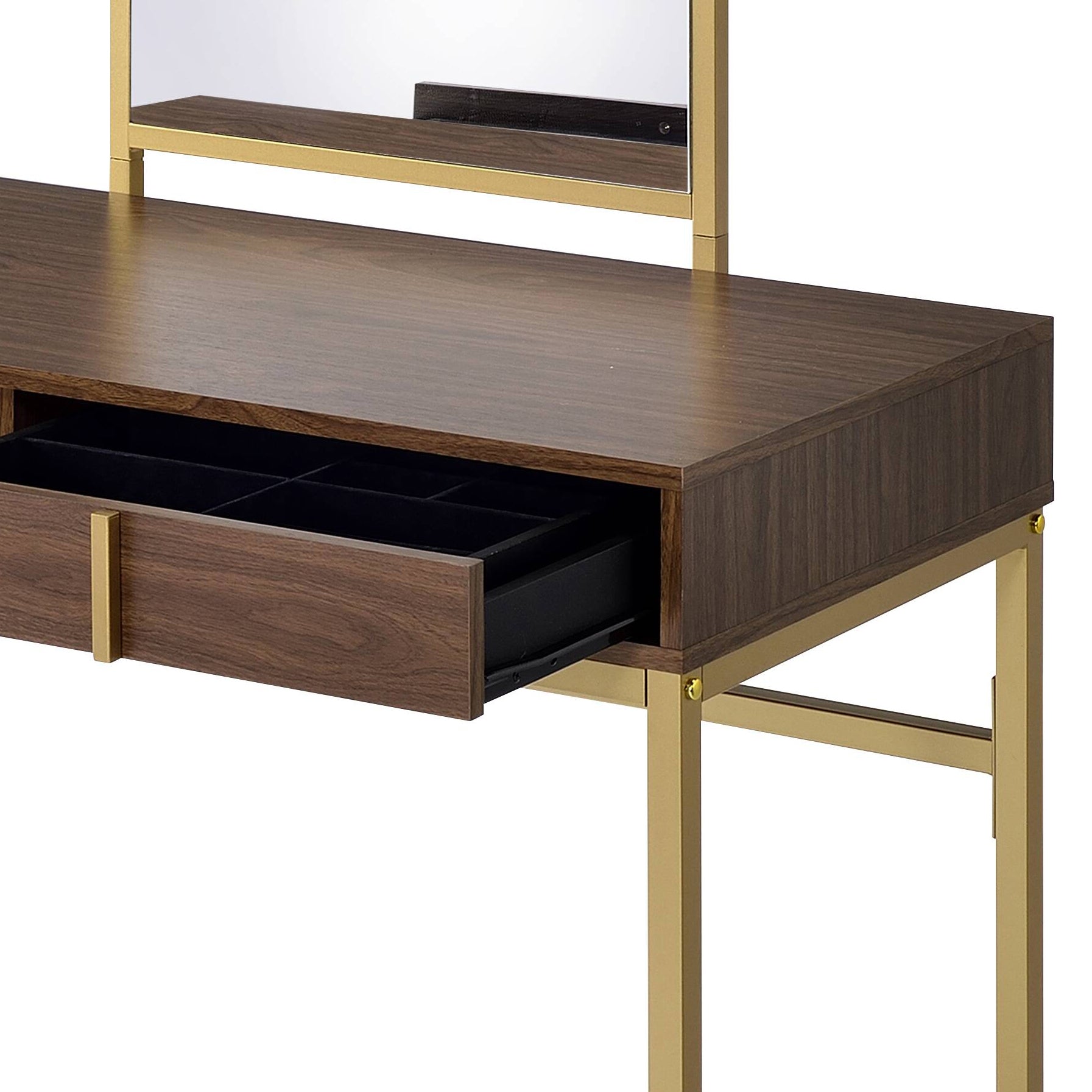 Coleen Walnut & Gold Finish Vanity Desk W/Mirror & Jewelry Tray