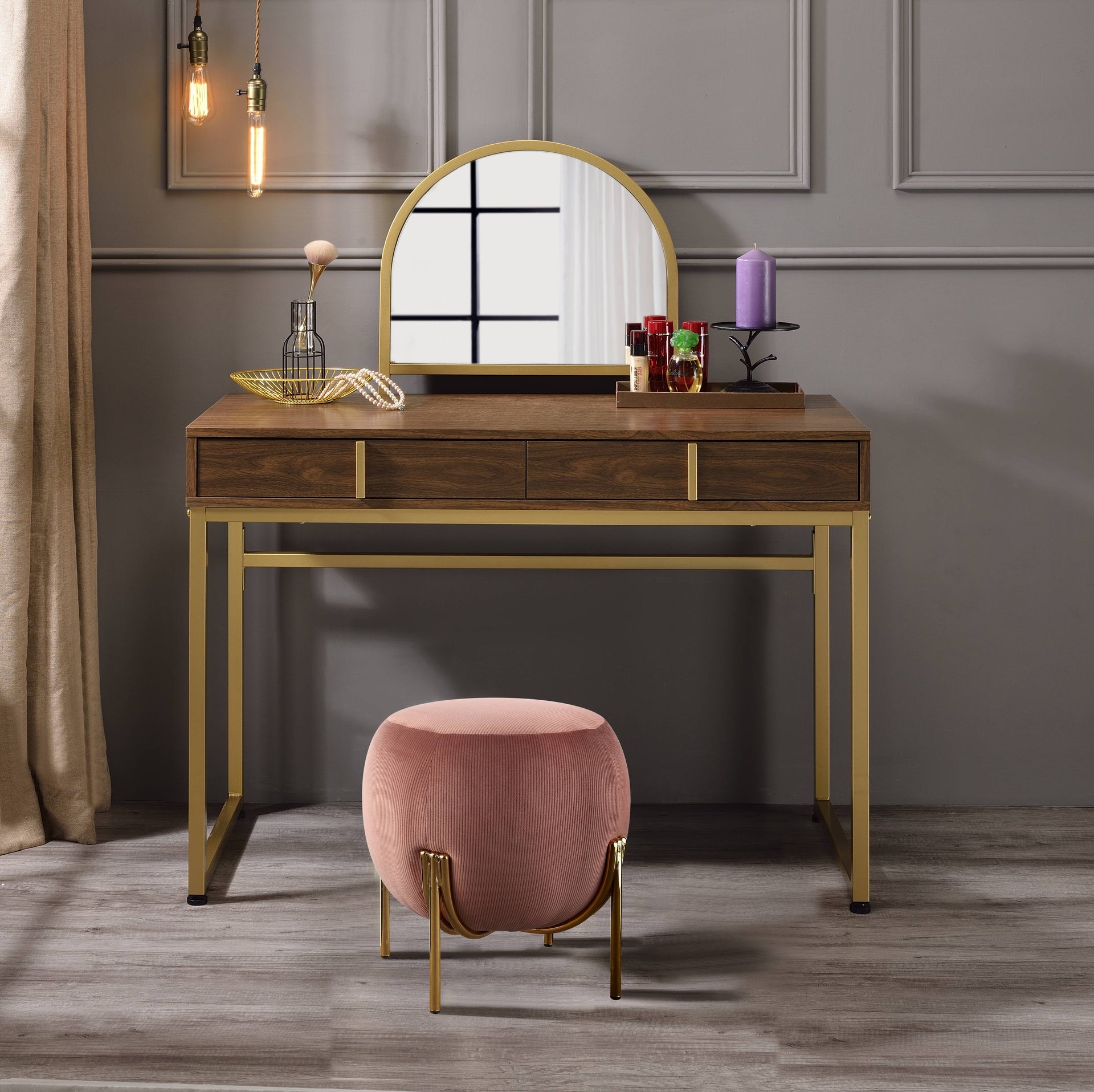 Coleen Walnut & Gold Finish Vanity Desk W/Mirror & Jewelry Tray