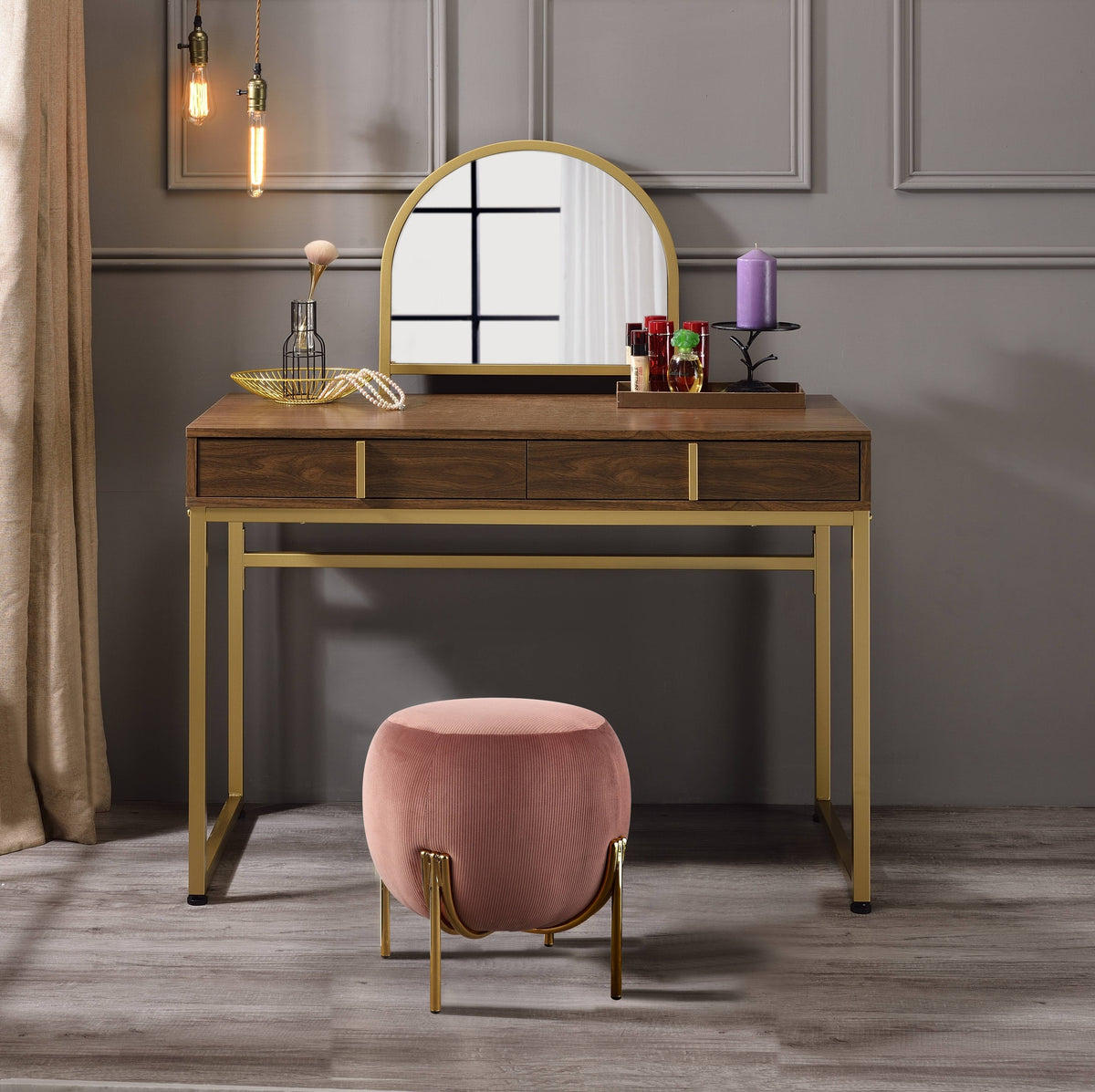 Coleen Walnut & Gold Finish Vanity Desk W/Mirror & Jewelry Tray