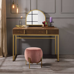 Coleen Walnut & Gold Finish Vanity Desk W/Mirror & Jewelry Tray