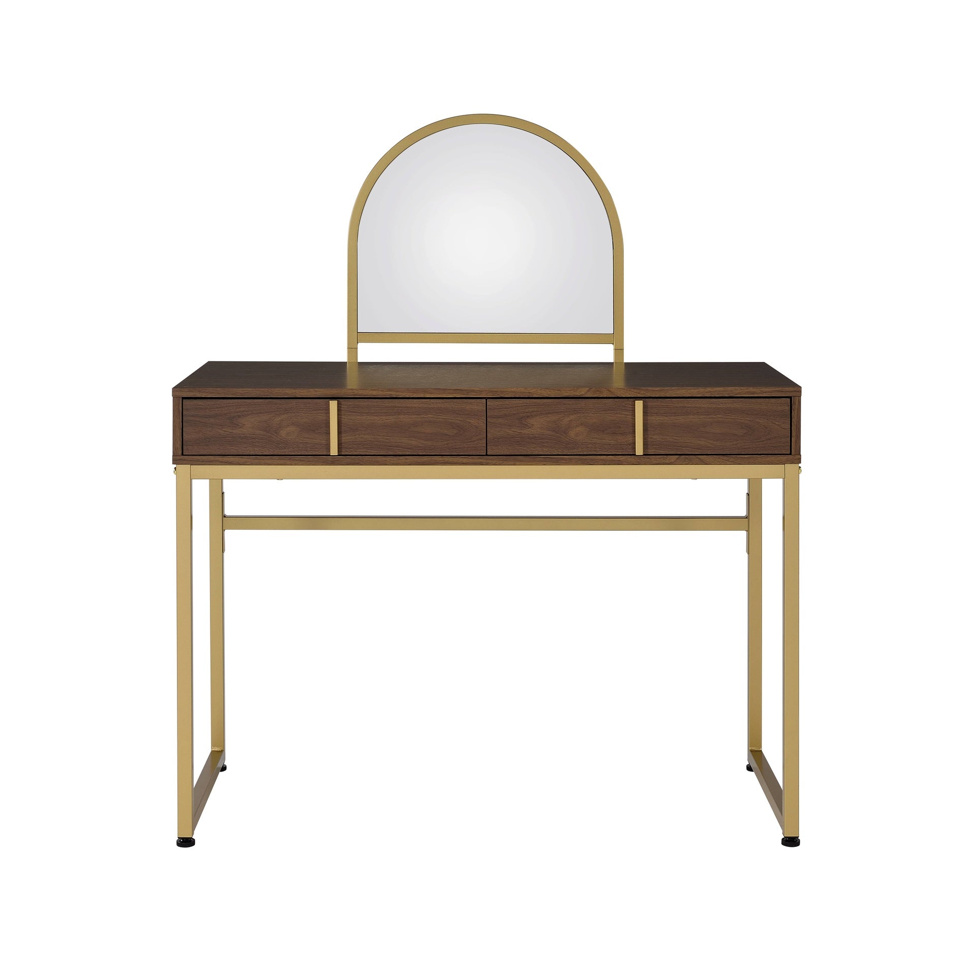 Coleen Walnut & Gold Finish Vanity Desk W/Mirror & Jewelry Tray