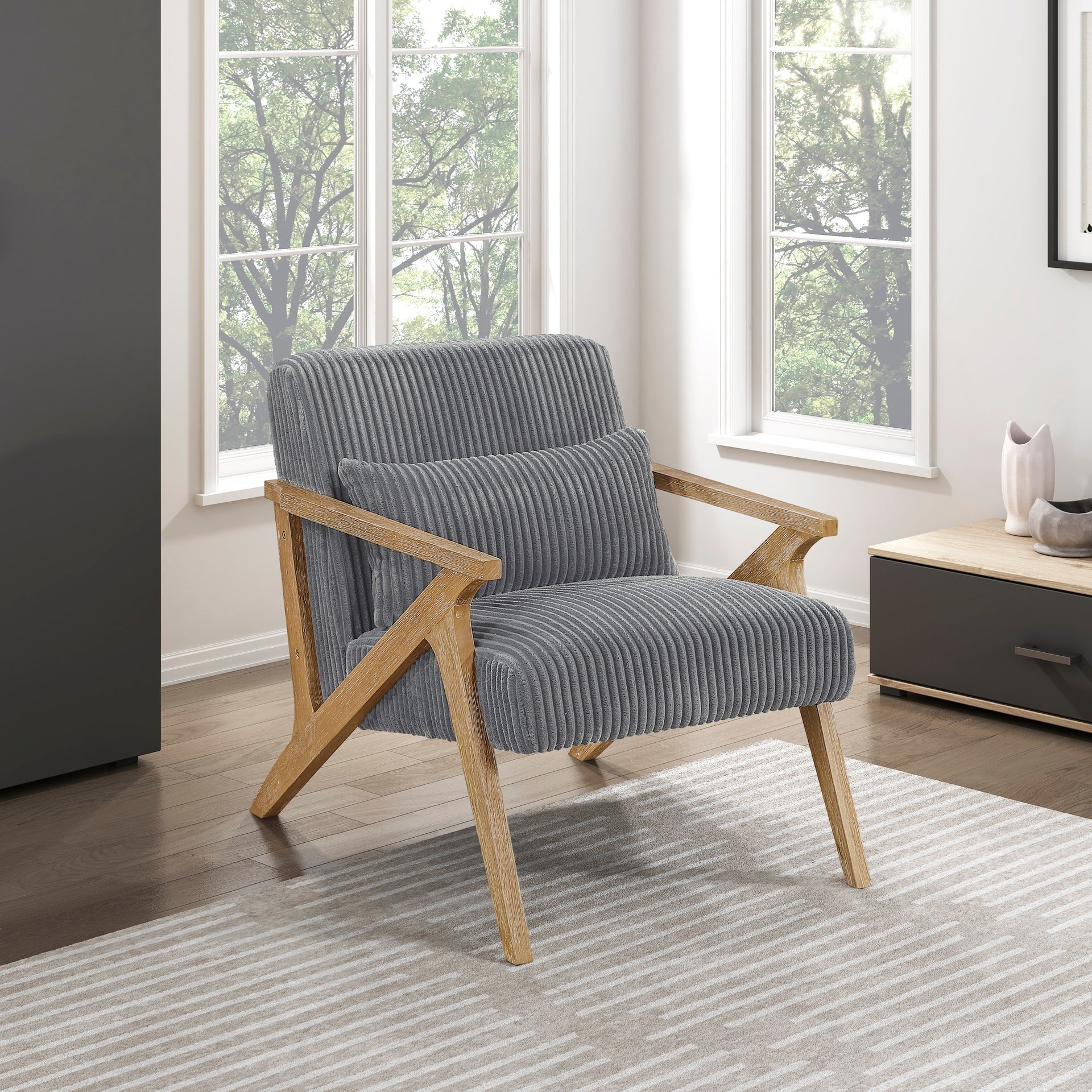 Upholstered Accent Chair with Pillow Gray Soft Corduroy Foam Seat Cushion Solid Rubberwood Modern Home Furniture 1pc