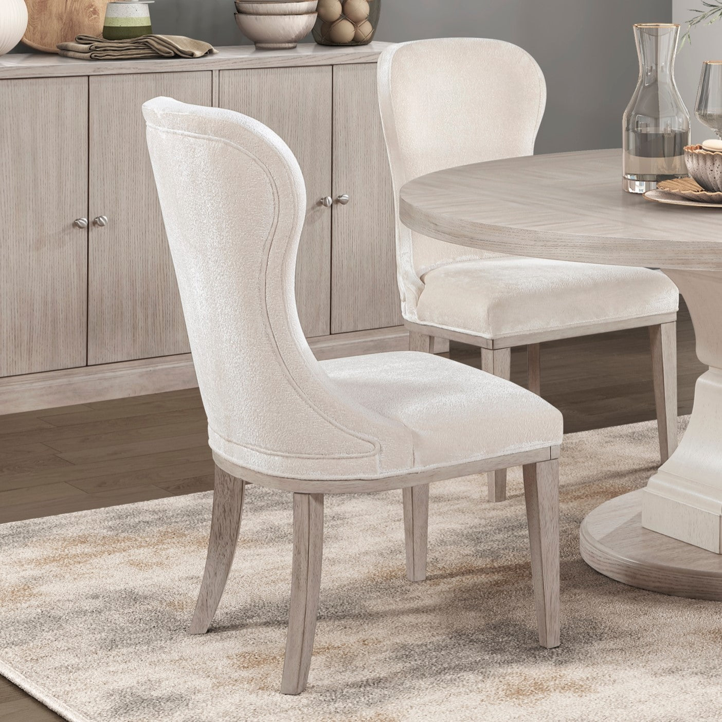 Traditional Elegance Side Chairs Set of 2 Dining Furniture Ivory Fabric Upholstery Durable Cushion Seat Back Classic Design Comfort