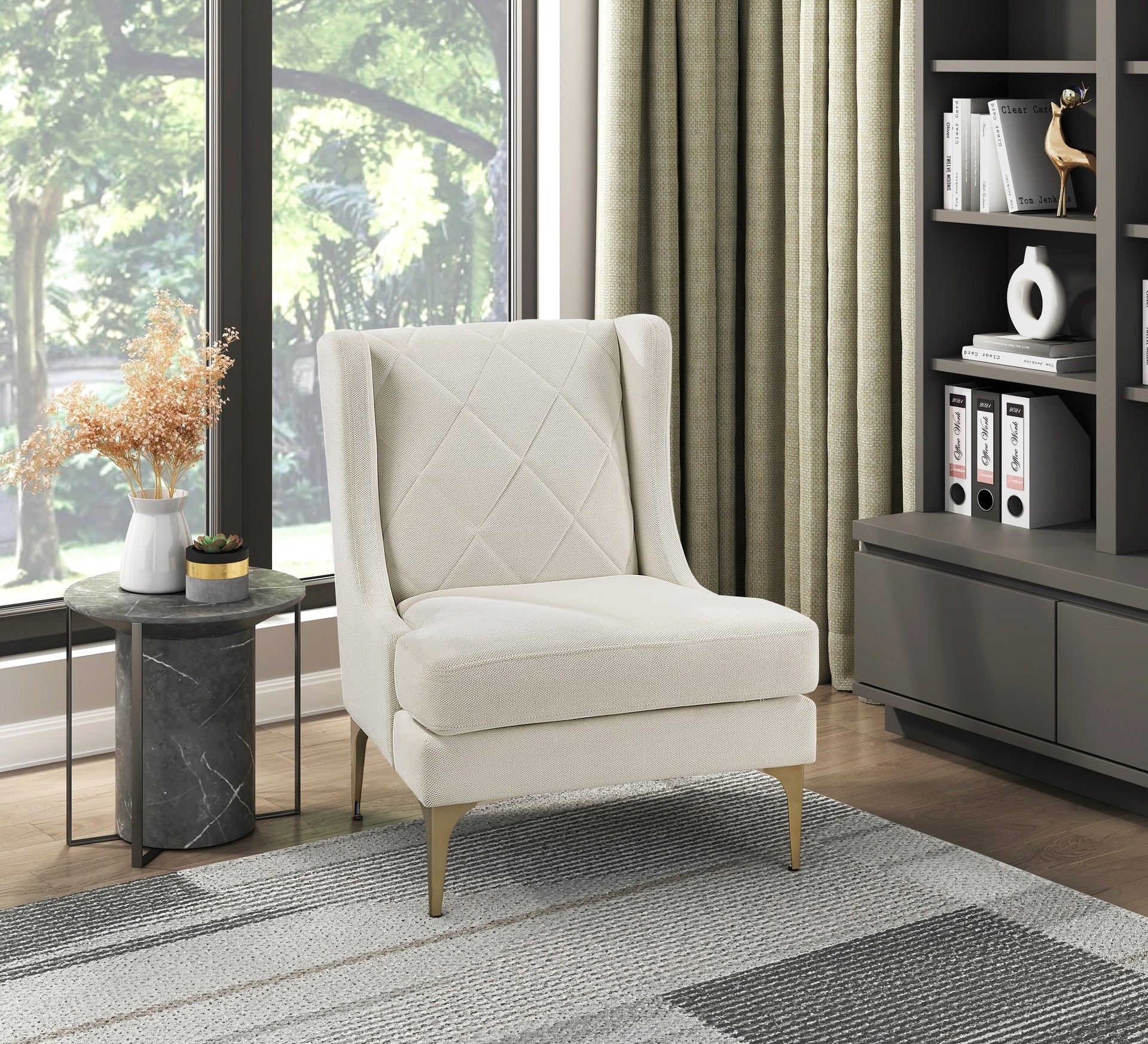 Modern Luxury Taupe Chenille Upholstery Wingback Accent Chair 1pc Gold Finish Metal Legs Pocket Coils Diamond Stitched Furniture