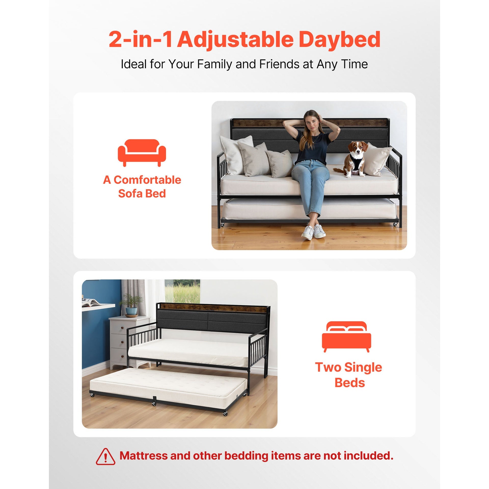 Twin Size Daybed Frame Metal Day Bed with Trundle and Charging Station