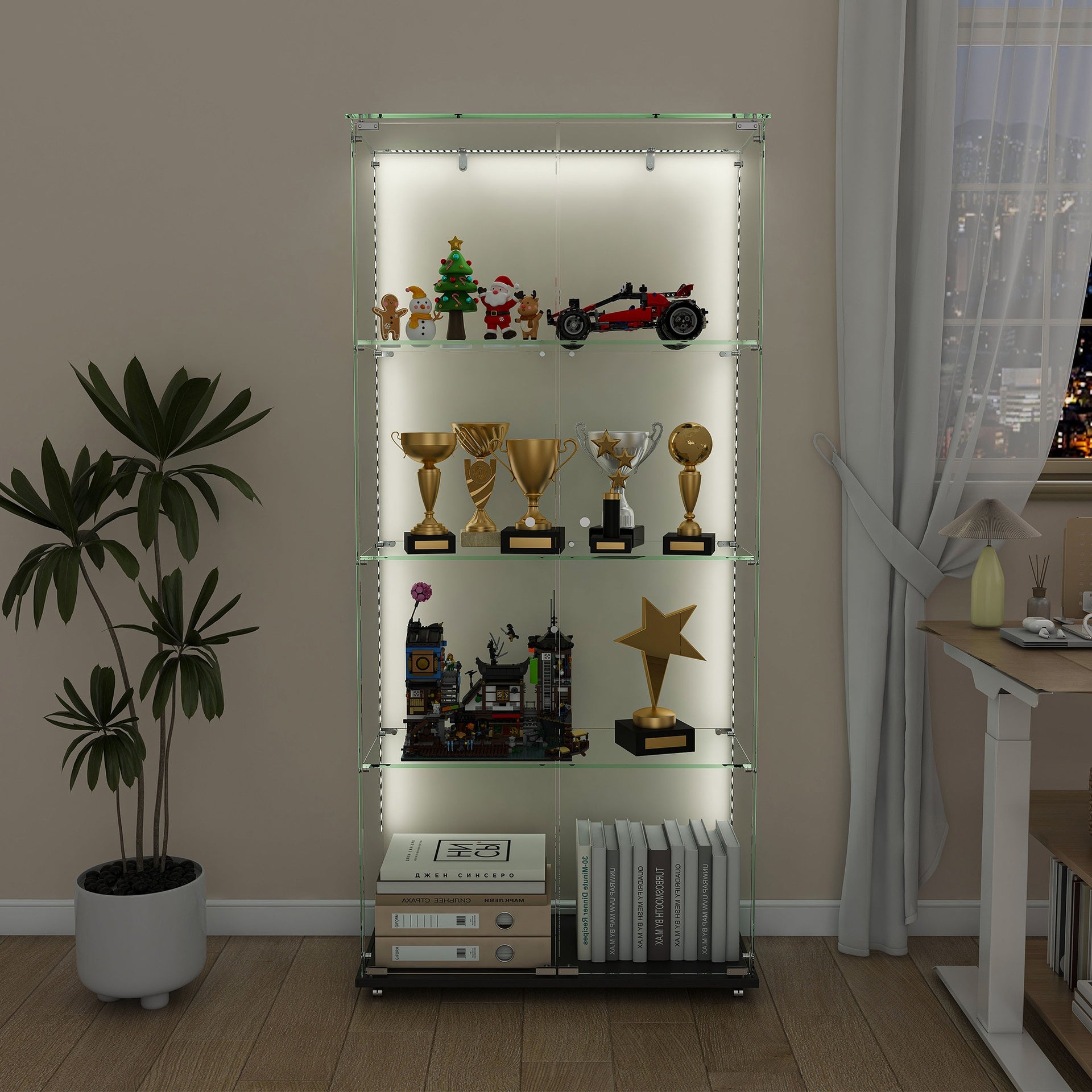 4-Tier Glass Display Cabinet with 5 Dynamic LED Modes, Double Doors & Fixed Shelves for Easy Access, Floor Standing Showcase for Home Office or Store Display