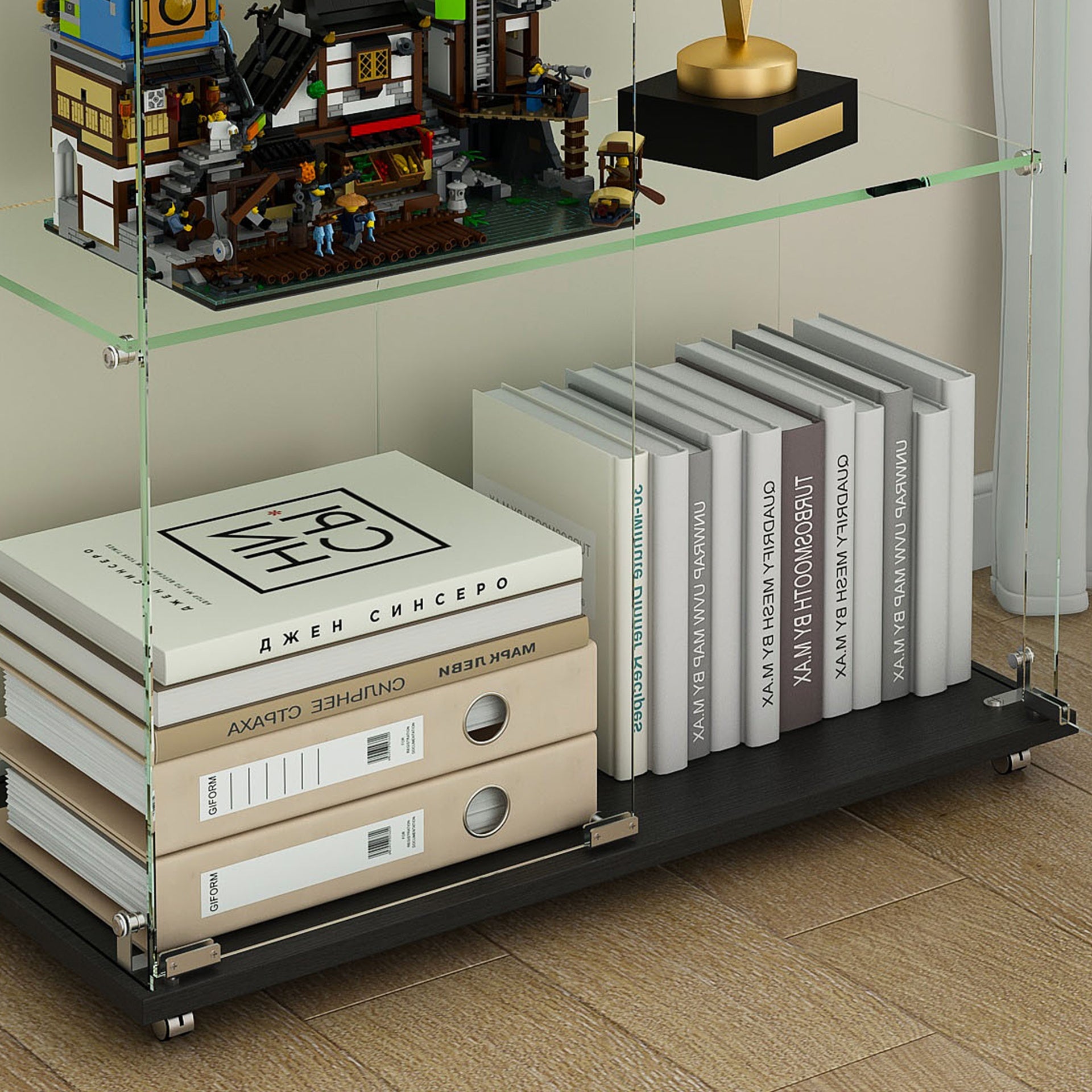 4-Tier Glass Display Cabinet with 5 Dynamic LED Modes, Double Doors & Fixed Shelves for Easy Access, Floor Standing Showcase for Home Office or Store Display