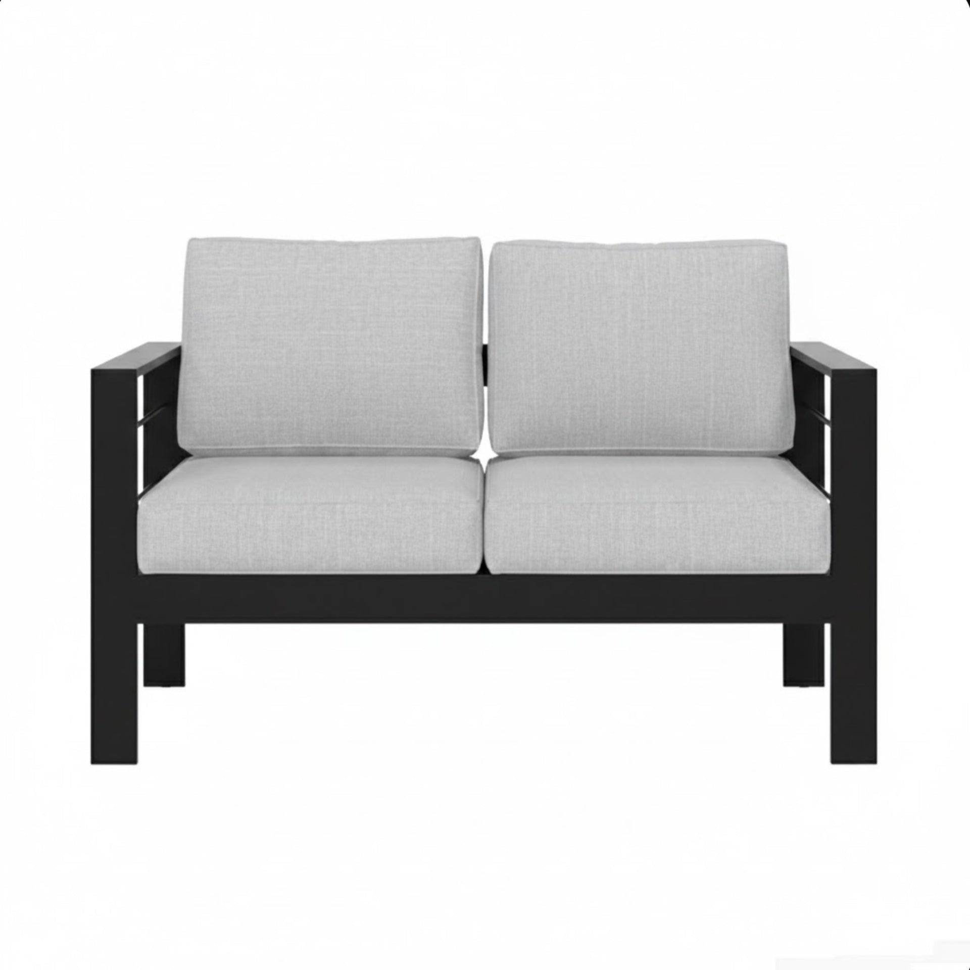 50" All-Weather Aluminum Patio Loveseat with Thick Light Gray Cushions & Black Frame