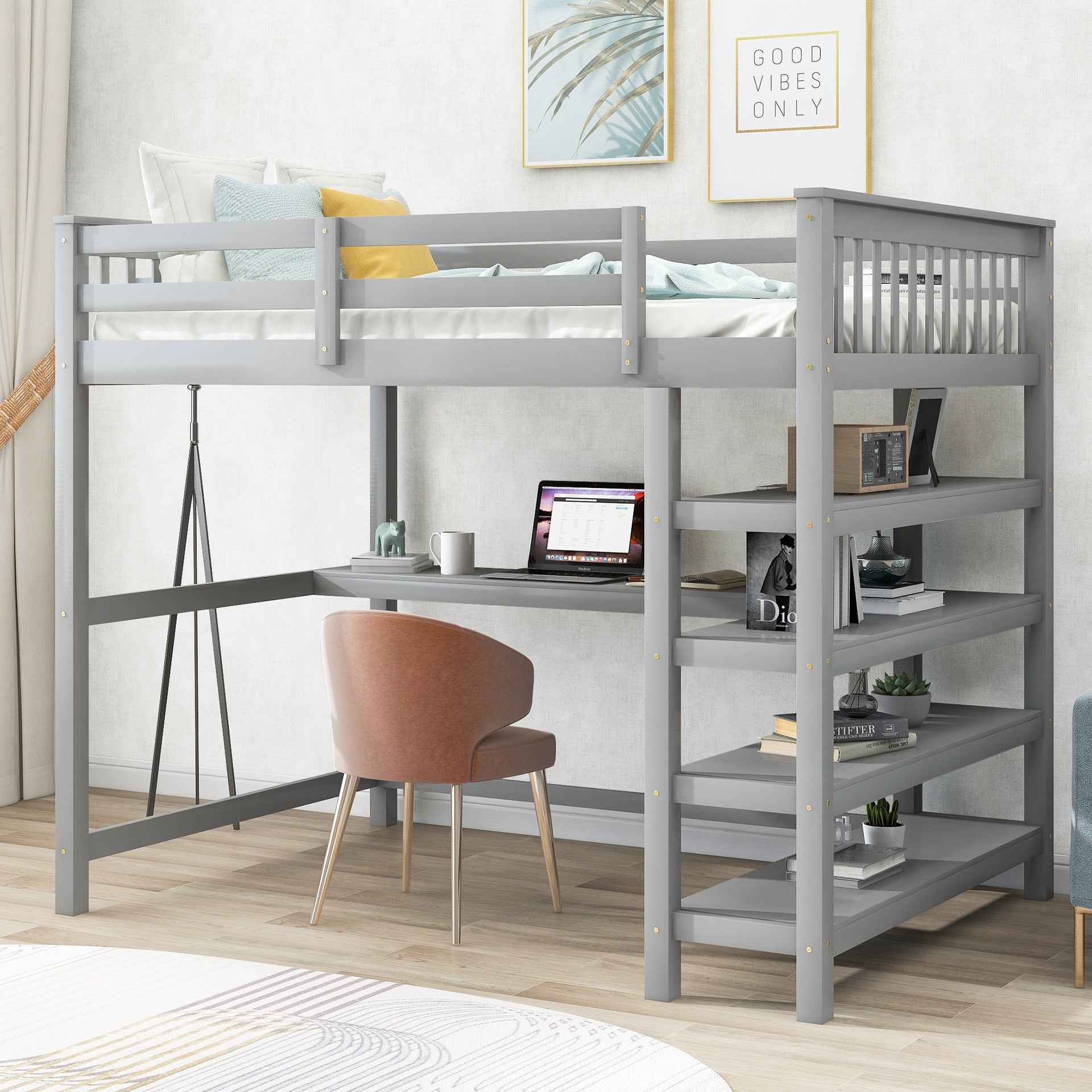 Full Size Loft Bed with Storage Shelves and Under-bed Desk, Gray