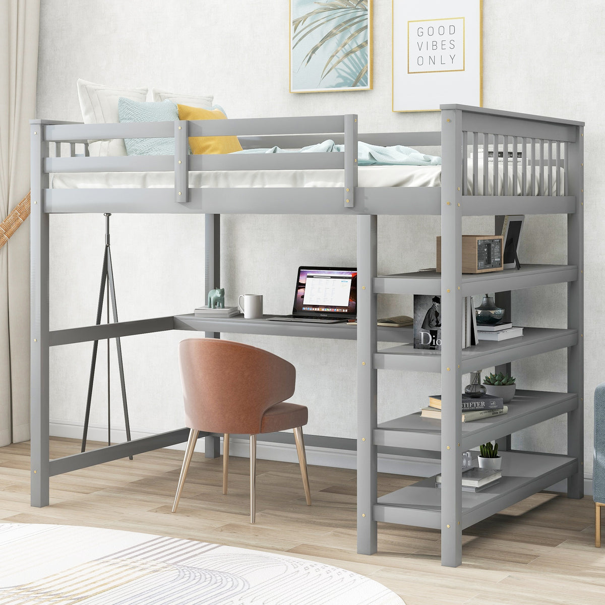 Full Size Loft Bed with Storage Shelves and Under-bed Desk, Gray