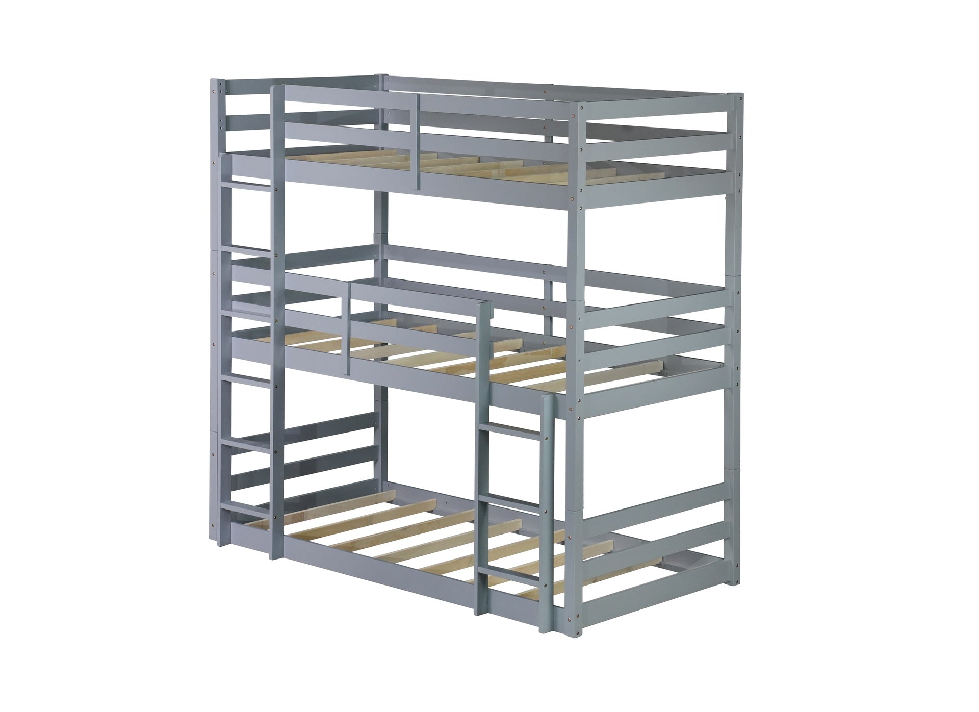 Triple Rubber Wood Bunk Bed with Two Built-in Ladders, Guardrails, Twin over Twin over Twin, Detachable Triple Twin Bunk Bed,Grey