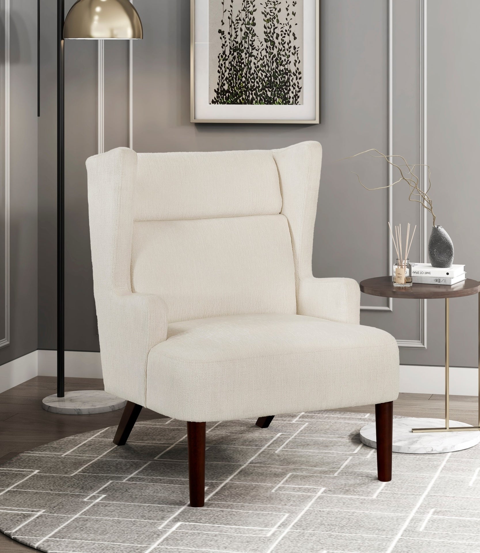 Contemporary Beige Wingback Accent Chair Chenille Upholstery Plywood Frame Living Room Furniture 1pc