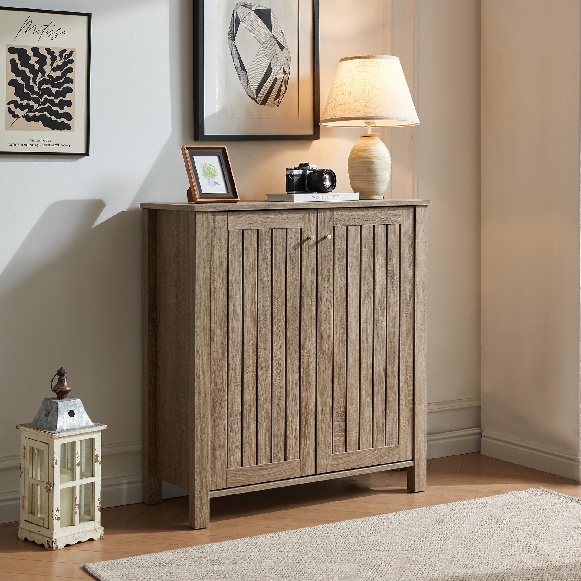 Shoe cabinet storage cabinet entryway cabinet with two doors slat style vented doors metal knob handle four shelves Dark Taupe color