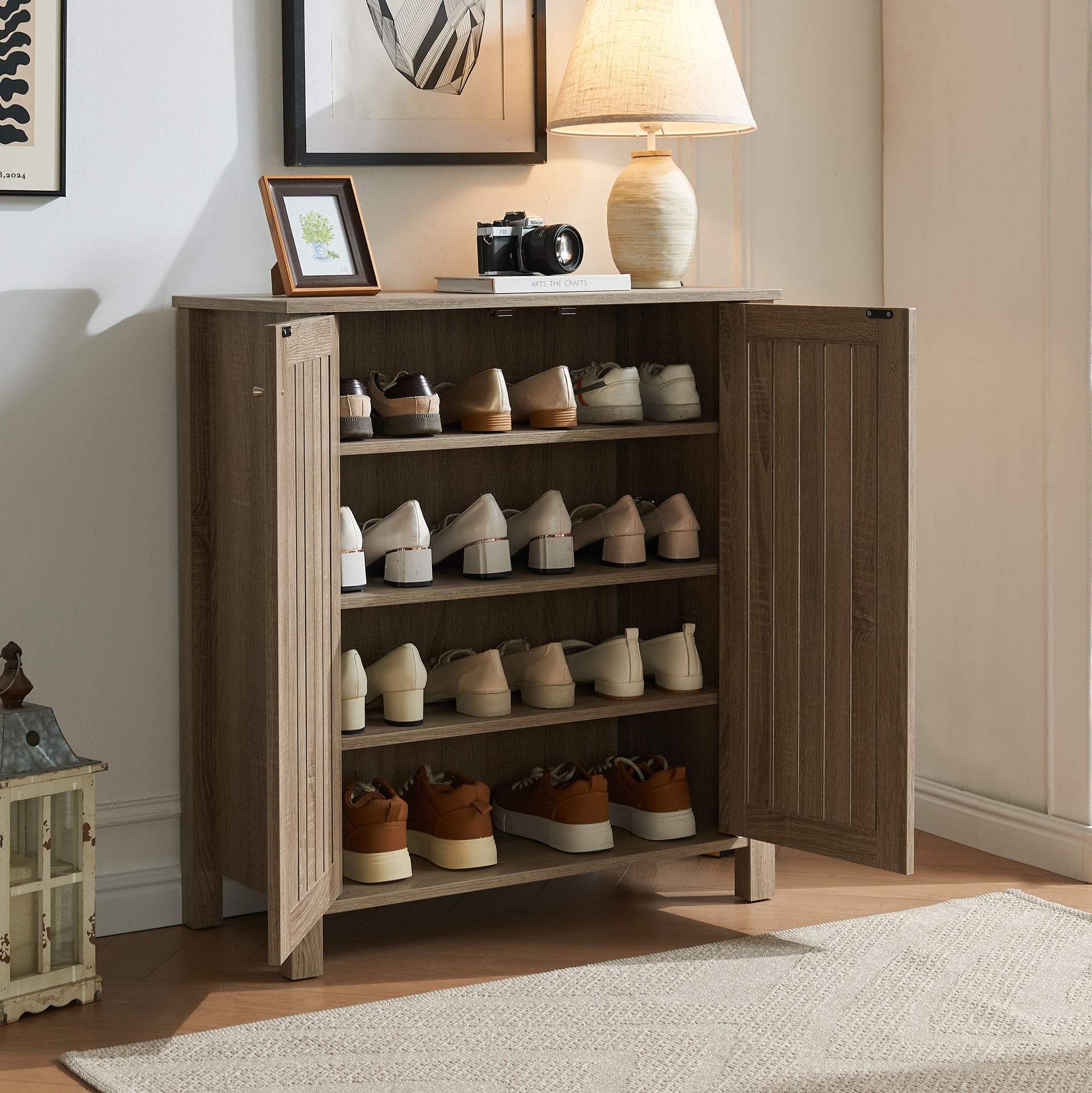 Shoe cabinet storage cabinet entryway cabinet with two doors slat style vented doors metal knob handle four shelves Dark Taupe color