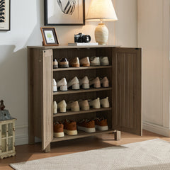 Shoe cabinet storage cabinet entryway cabinet with two doors slat style vented doors metal knob handle four shelves Dark Taupe color