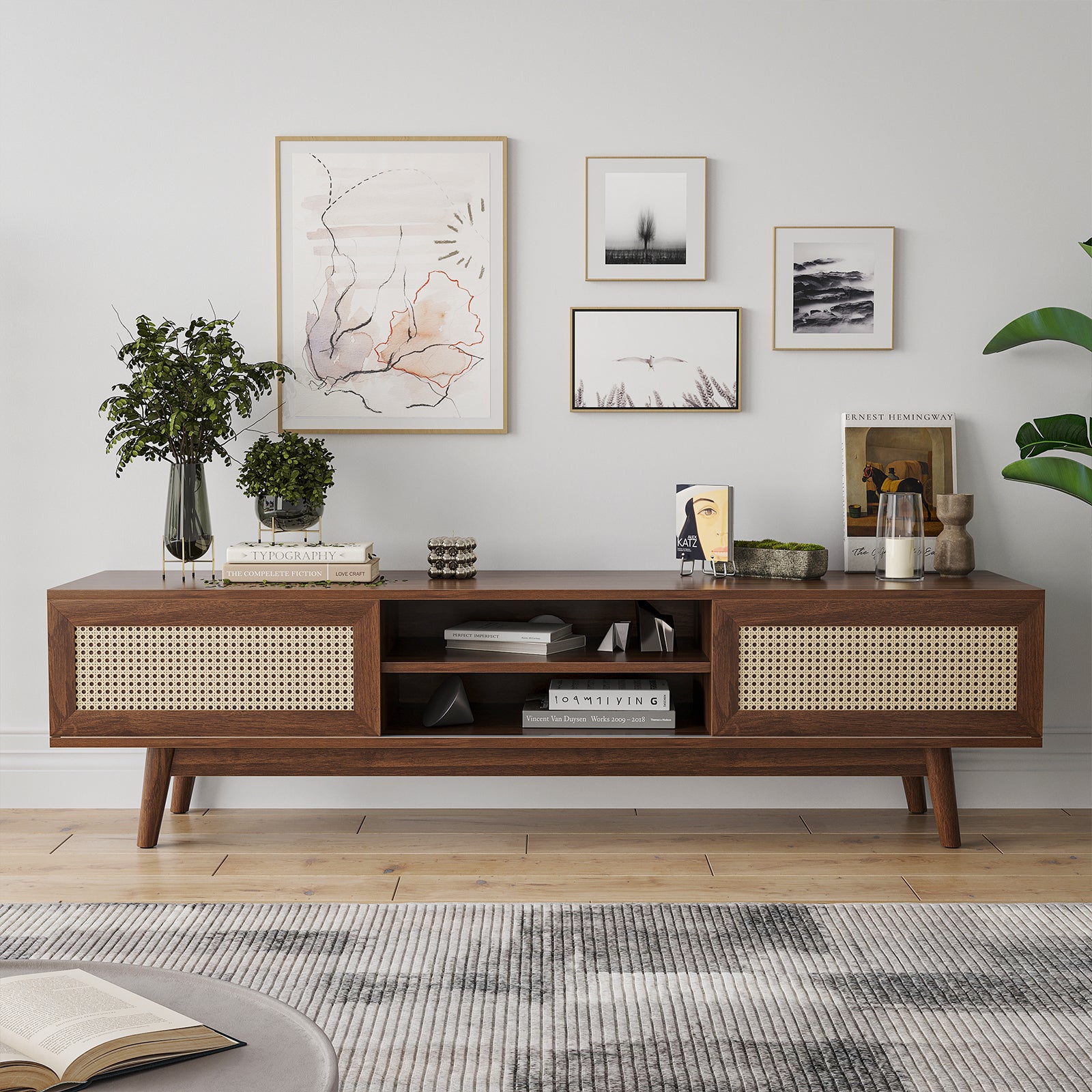 75" Rattan TV Stand, Wood TV Stand with Storage, Mid Century Modern TV Stands for Living Room, Boho Media Console, Entertainment Center with Cable Management