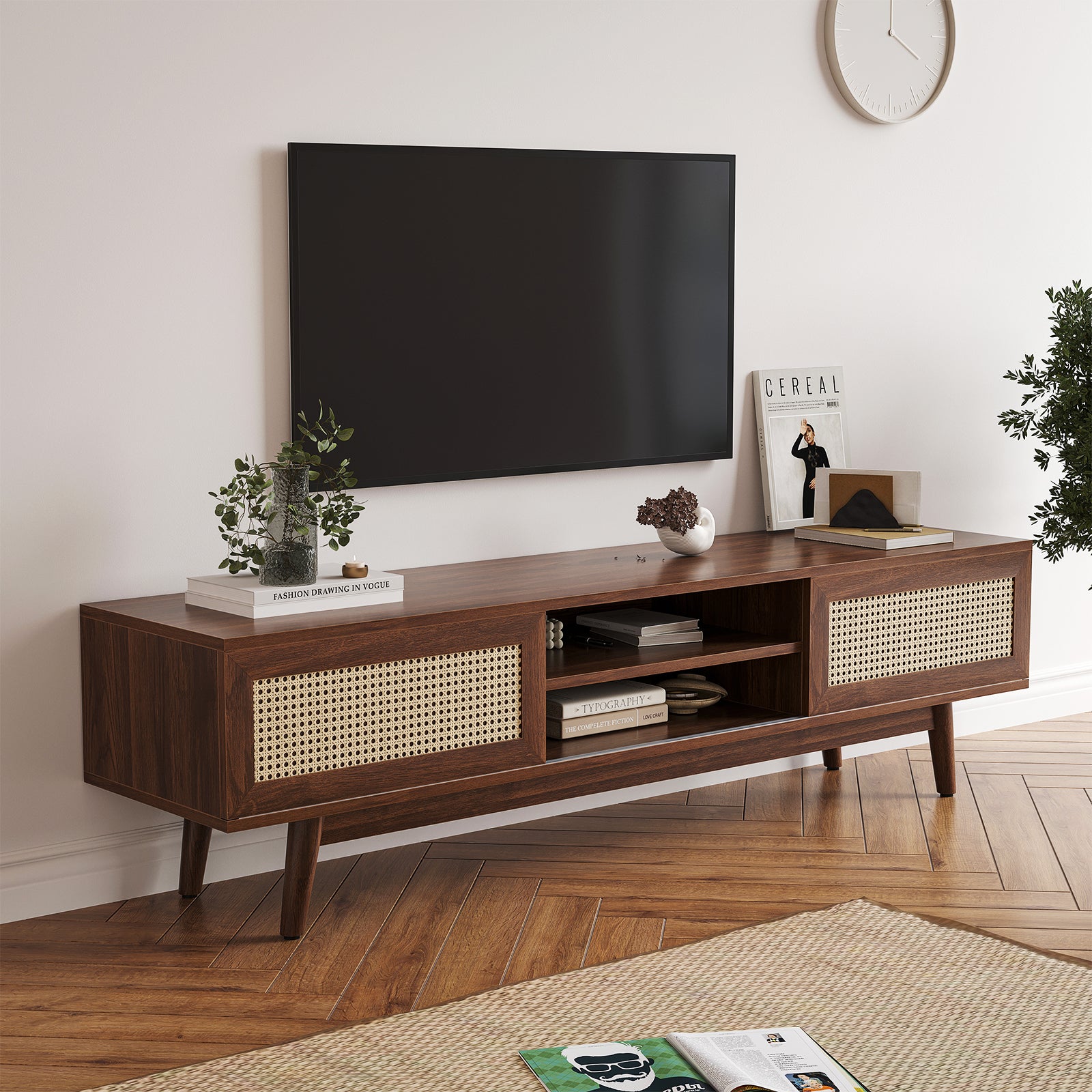 75" Rattan TV Stand, Wood TV Stand with Storage, Mid Century Modern TV Stands for Living Room, Boho Media Console, Entertainment Center with Cable Management