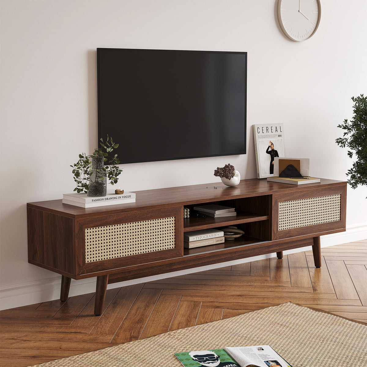 75" Rattan TV Stand, Wood TV Stand with Storage, Mid Century Modern TV Stands for Living Room, Boho Media Console, Entertainment Center with Cable Management
