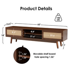 75" Rattan TV Stand, Wood TV Stand with Storage, Mid Century Modern TV Stands for Living Room, Boho Media Console, Entertainment Center with Cable Management