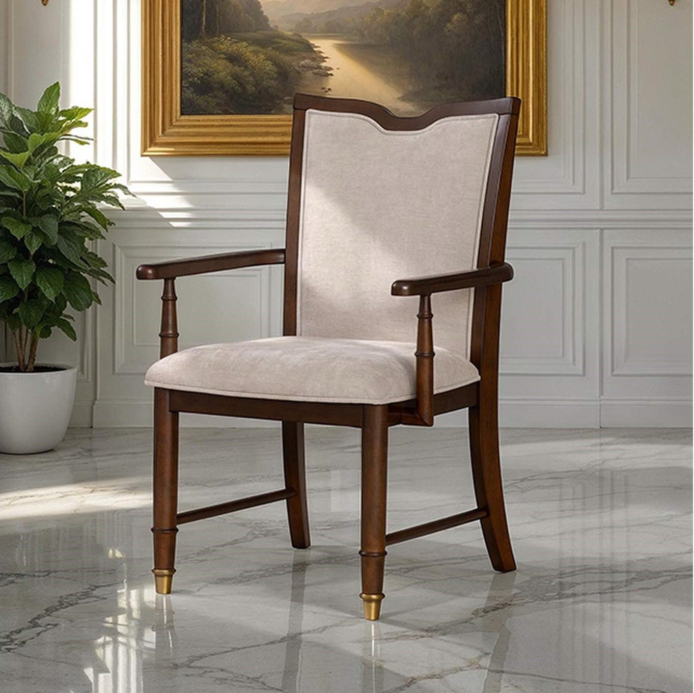 Transitional Style 2pc Arm Chair Upholstered Seat And Back Gold Capped Legs Dark Cherry Finish Dining Room