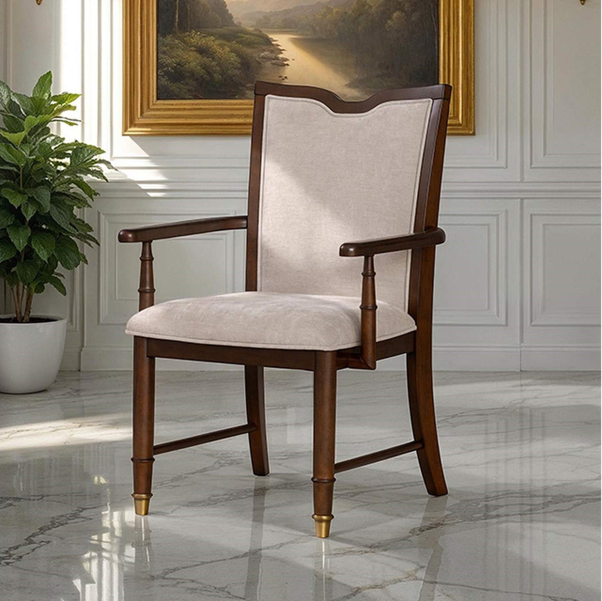 Transitional Style 2pc Arm Chair Upholstered Seat And Back Gold Capped Legs Dark Cherry Finish Dining Room