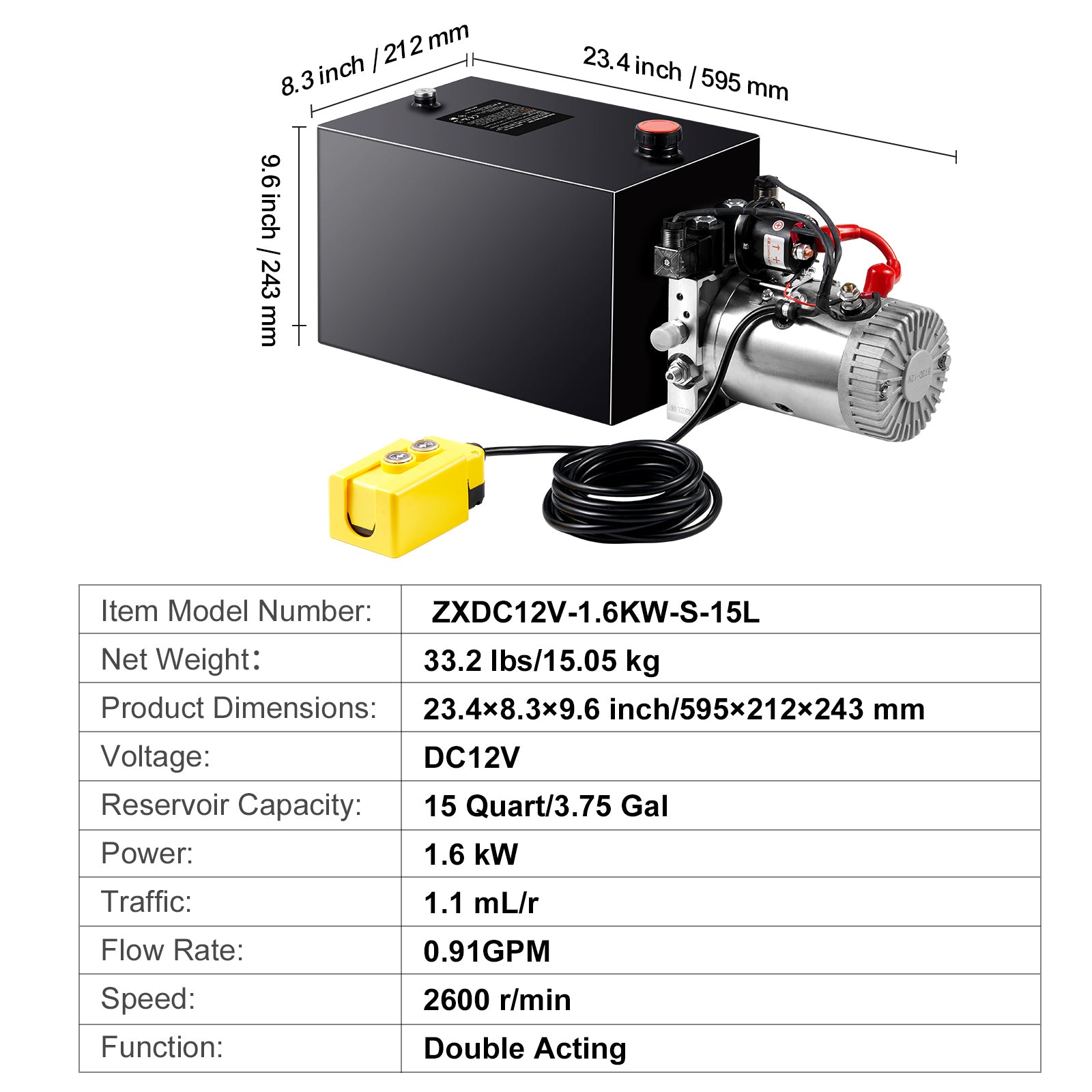 Hydraulic Pump, 15 Quart Hydraulic Power Unit, Double Acting Dump Trailer Pump, 0.91 GPM Flow Rate, 3200 PSI Max Relief Pressure, DC 12V Hydraulic Pump for Dump Trailer Car Lifting