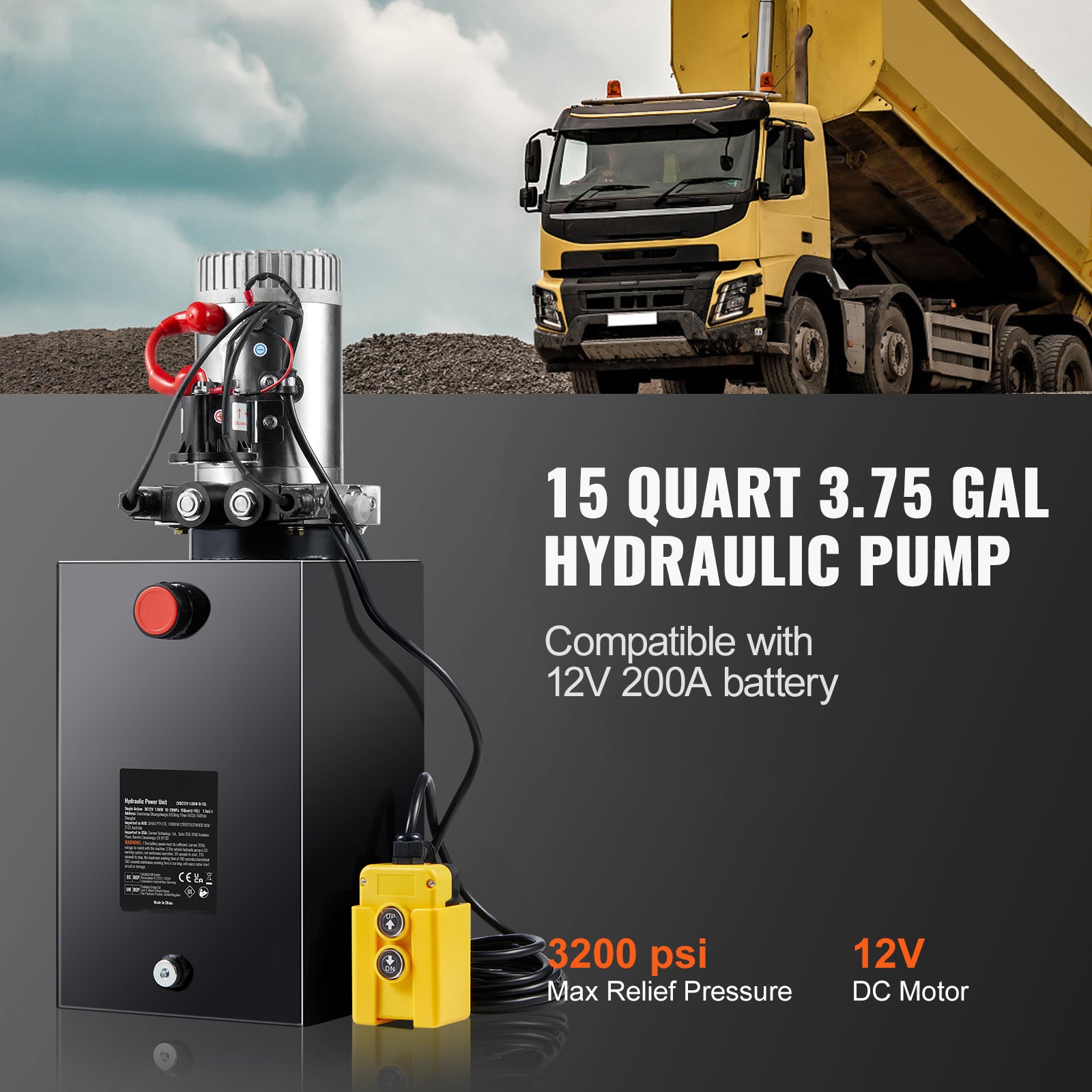 Hydraulic Pump, 15 Quart Hydraulic Power Unit, Double Acting Dump Trailer Pump, 0.91 GPM Flow Rate, 3200 PSI Max Relief Pressure, DC 12V Hydraulic Pump for Dump Trailer Car Lifting