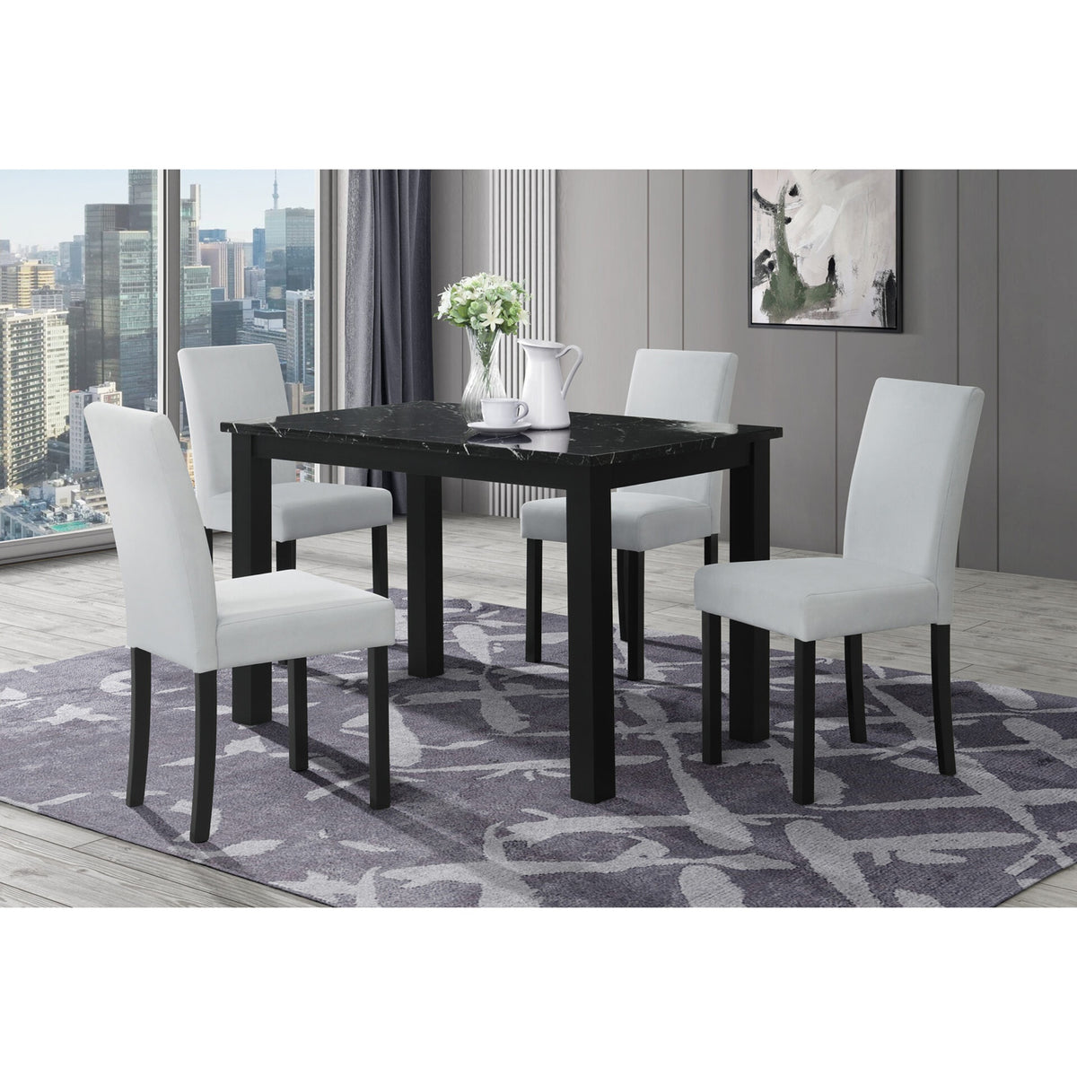 Sarang Black Dining Table and (4) Silver Dining Chairs