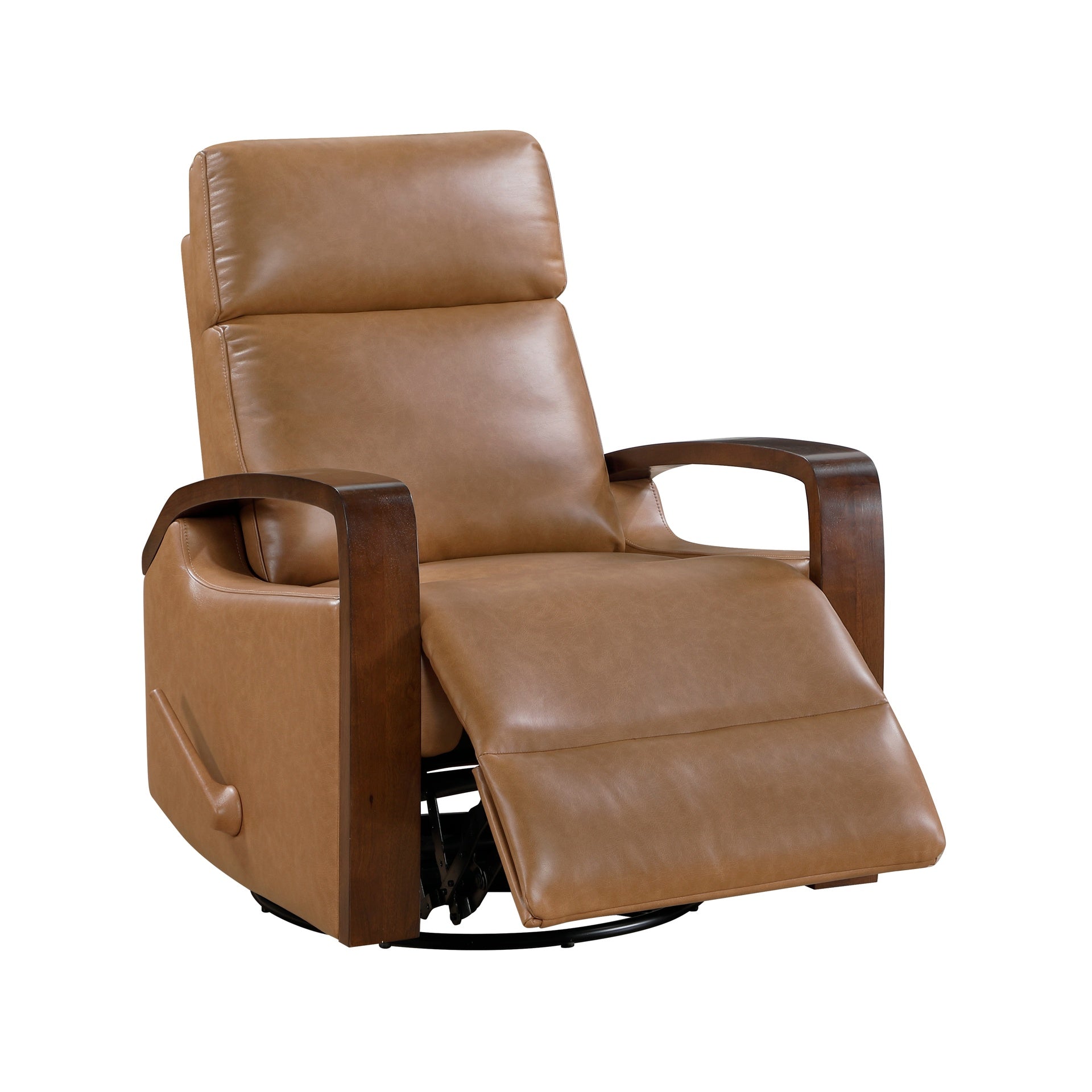 Luxurious Swivel Glider Reclining Chair Faux Leather Upholstery Comfortable Brown Finish Wooden Arms Modern Living Room Furniture 1pc