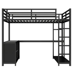 Metal Loft Bed with Wardrobe and L-shaped Desk, Full Size Loft Bed with Storage Cubes and Shelves, Loft Bed for Kids Teens Adults, Black