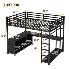 Metal Loft Bed with Wardrobe and L-shaped Desk, Full Size Loft Bed with Storage Cubes and Shelves, Loft Bed for Kids Teens Adults, Black