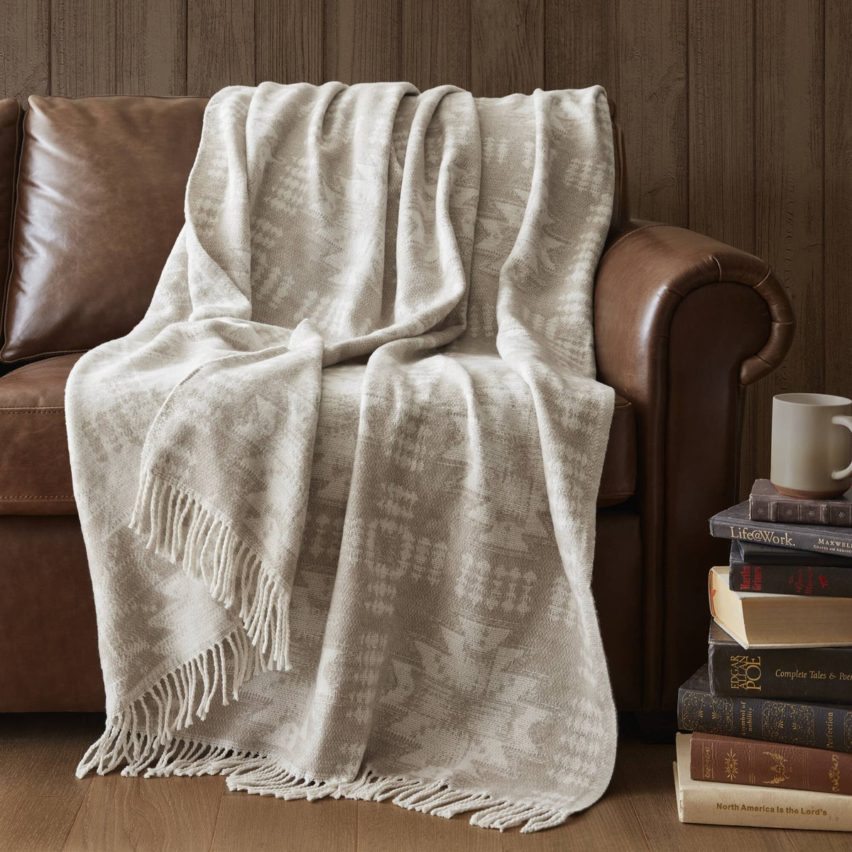 1-Piece 50x60" Cotton Blend Throw, Neutral Aztec