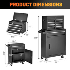 Tool Chest, 5-Drawer Rolling Tool Storage Cabinet with Detachable Top Tool Box, Liner, Universal Lockable Wheels, Adjustable Shelf, Locking Mechanism, Metal Tool Cart for Garage Workshop