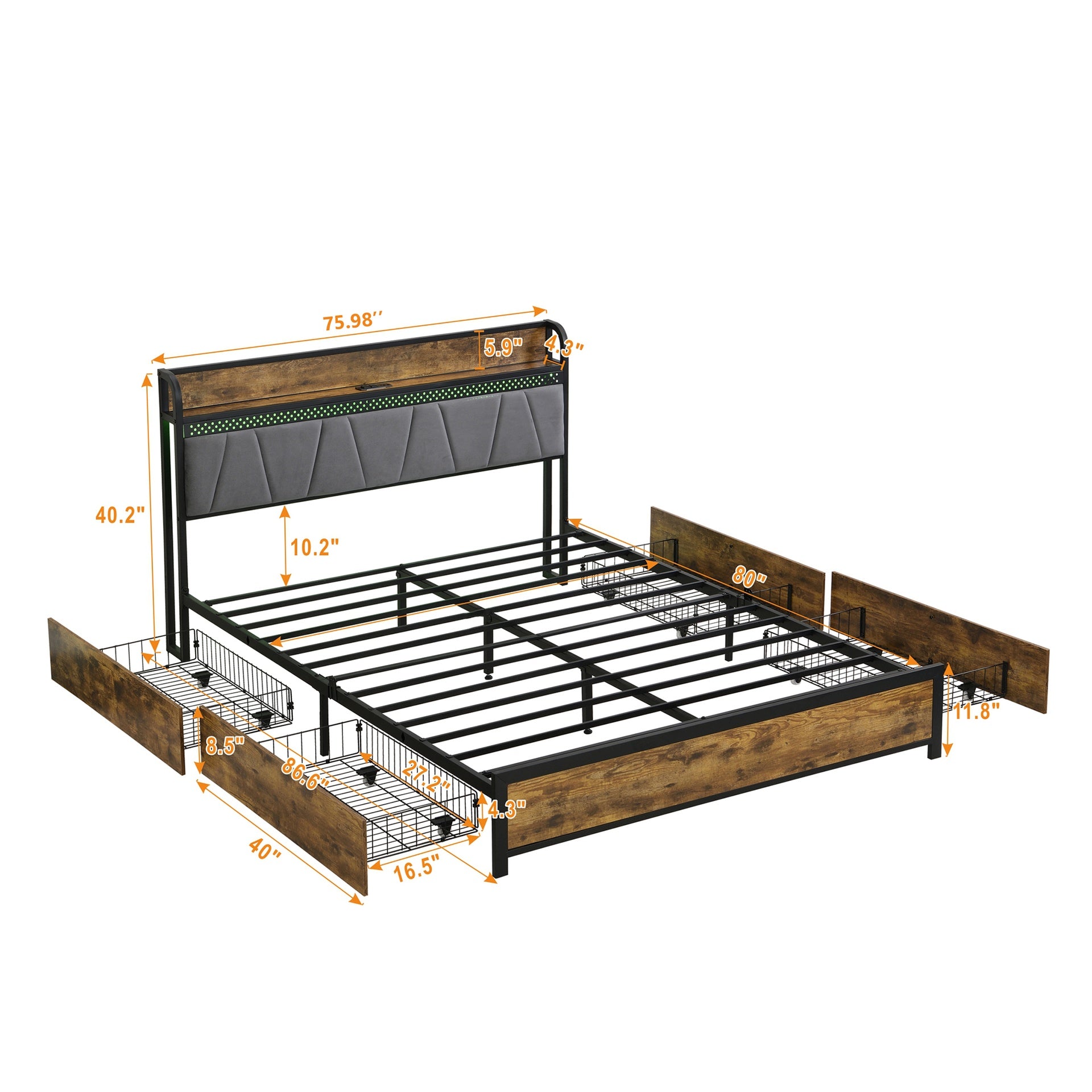 King Size Bed Frame, Storage Headboard with Charging Station and 4 Storage Drawers,LED Lights , Brown and and Gray