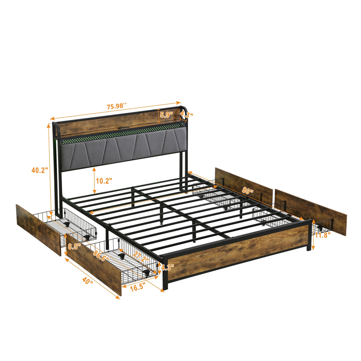 King Size Bed Frame, Storage Headboard with Charging Station and 4 Storage Drawers,LED Lights , Brown and and Gray